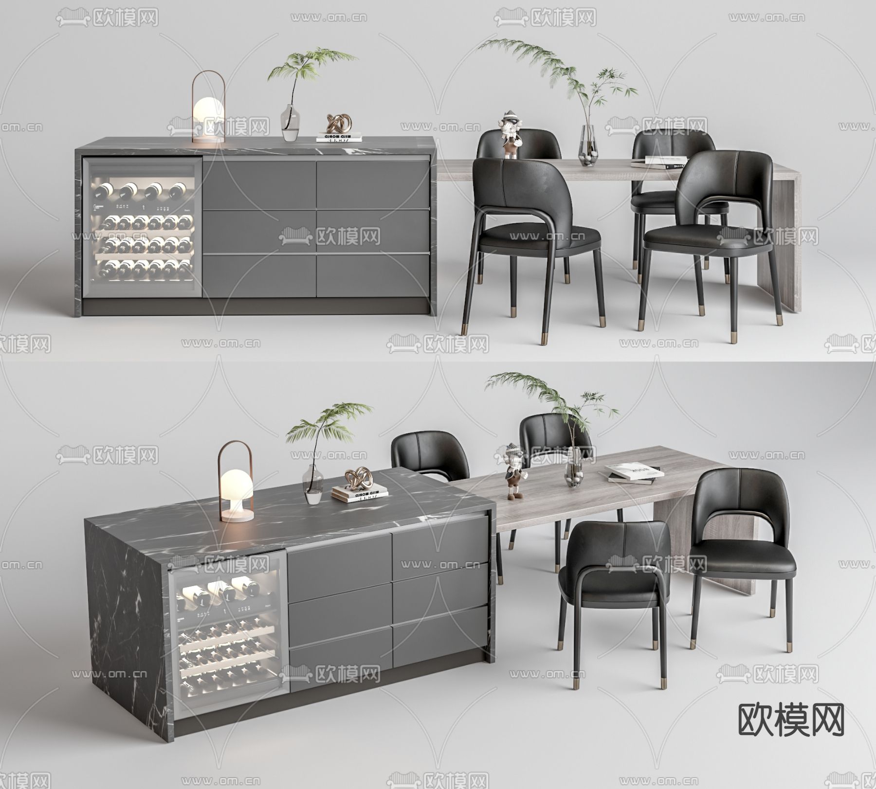 高级灰中岛餐桌椅3d模型下载