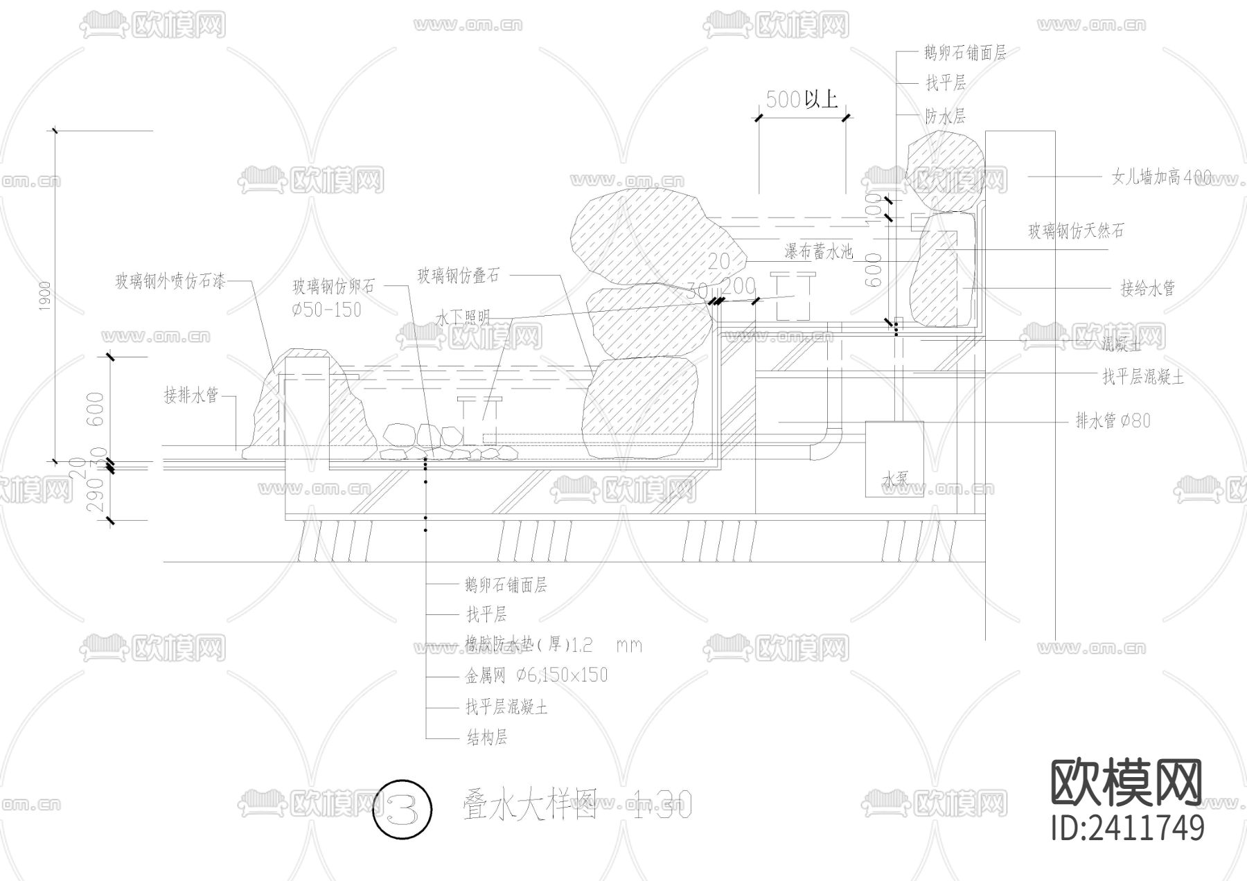 水池木栈道做法设计cad施工图下载（渲染图3）