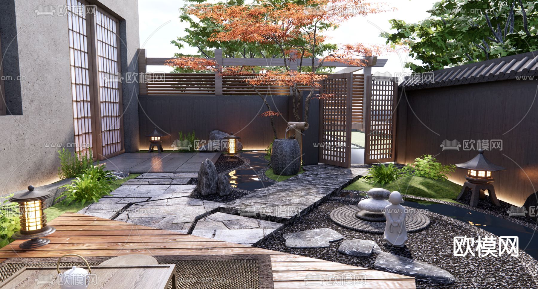 日式山水庭院 秋景3d模型下载（渲染图1）
