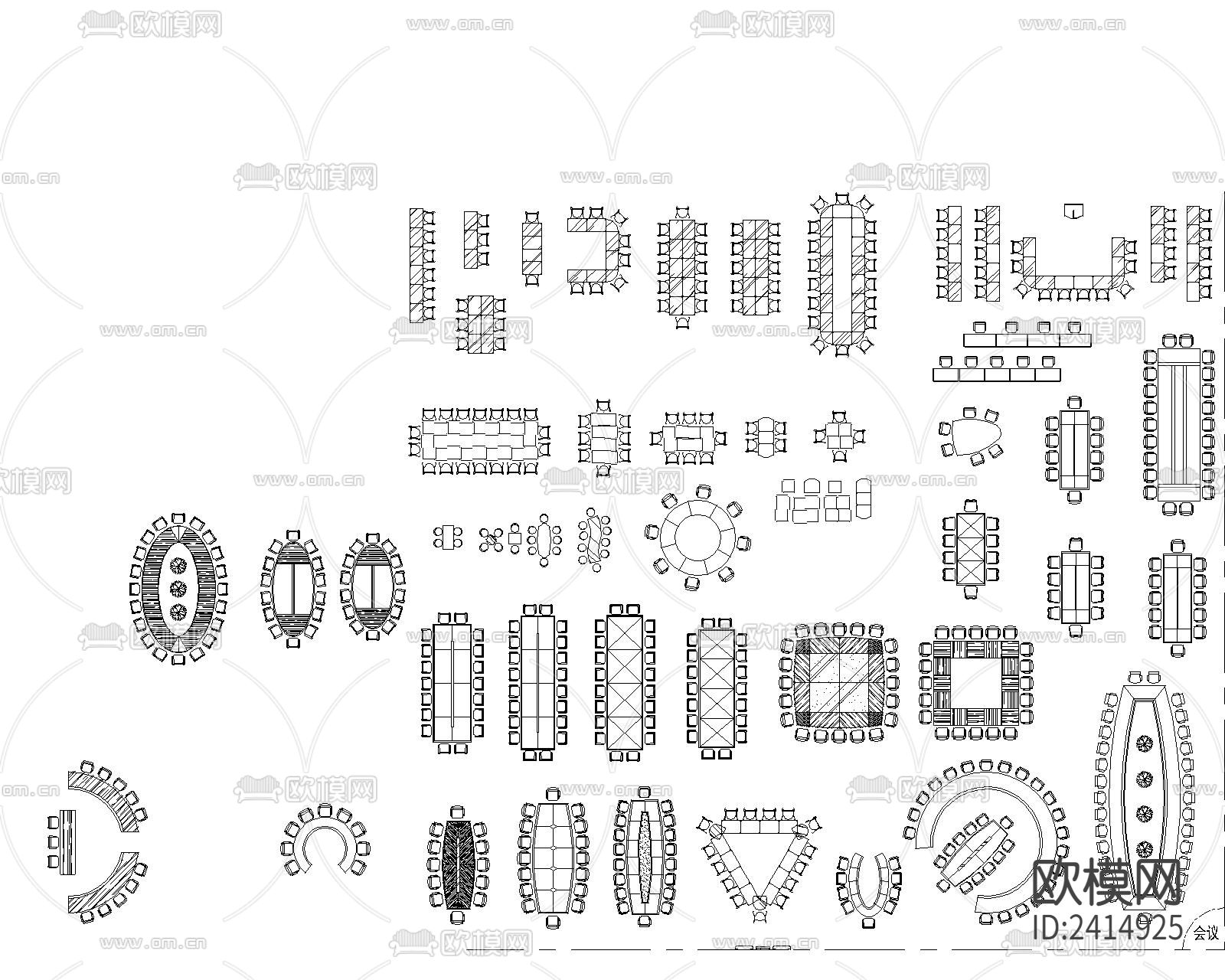 会议桌椅cad平面图库下载（渲染图1）