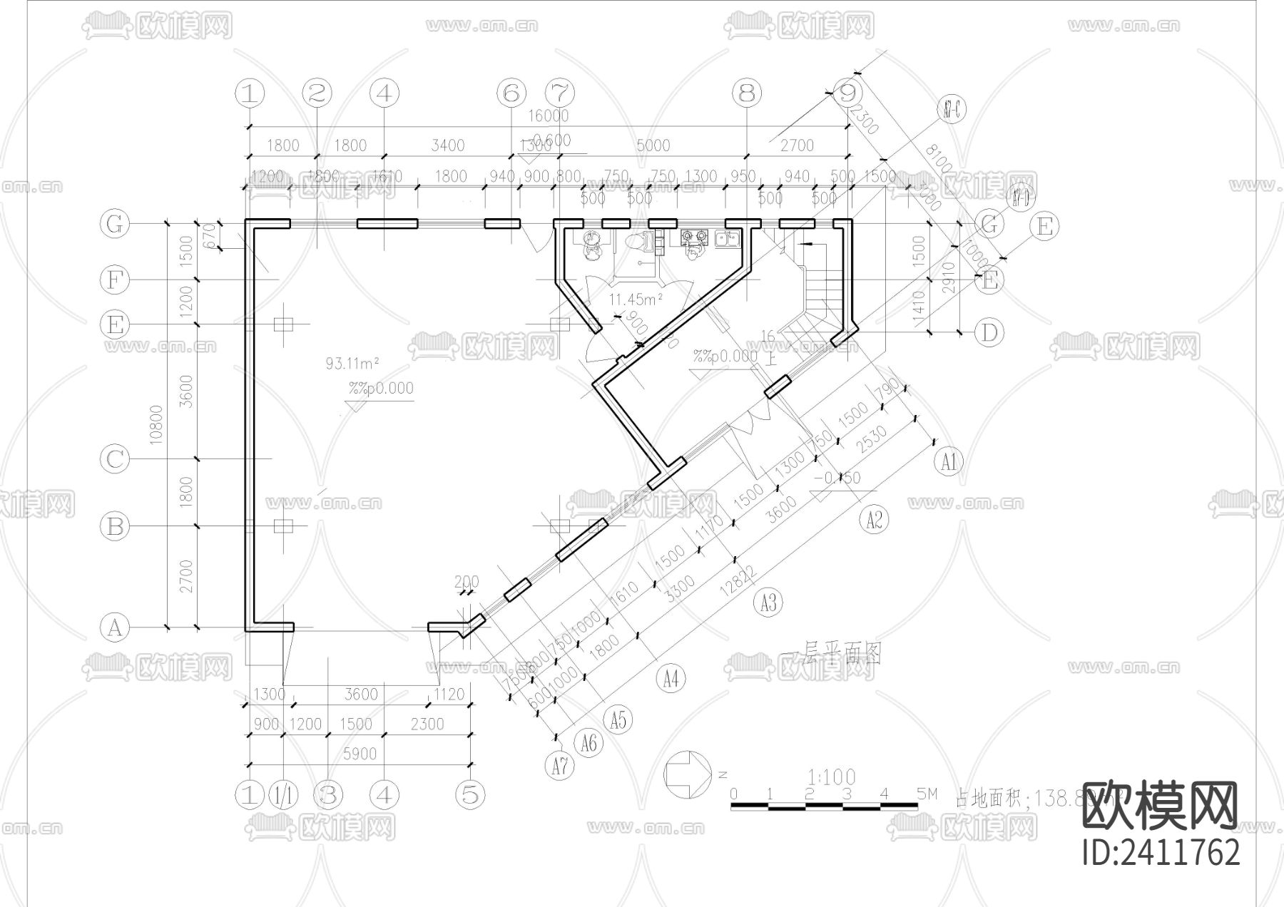三角形地块五层自建房设计cad施工图下载（渲染图3）