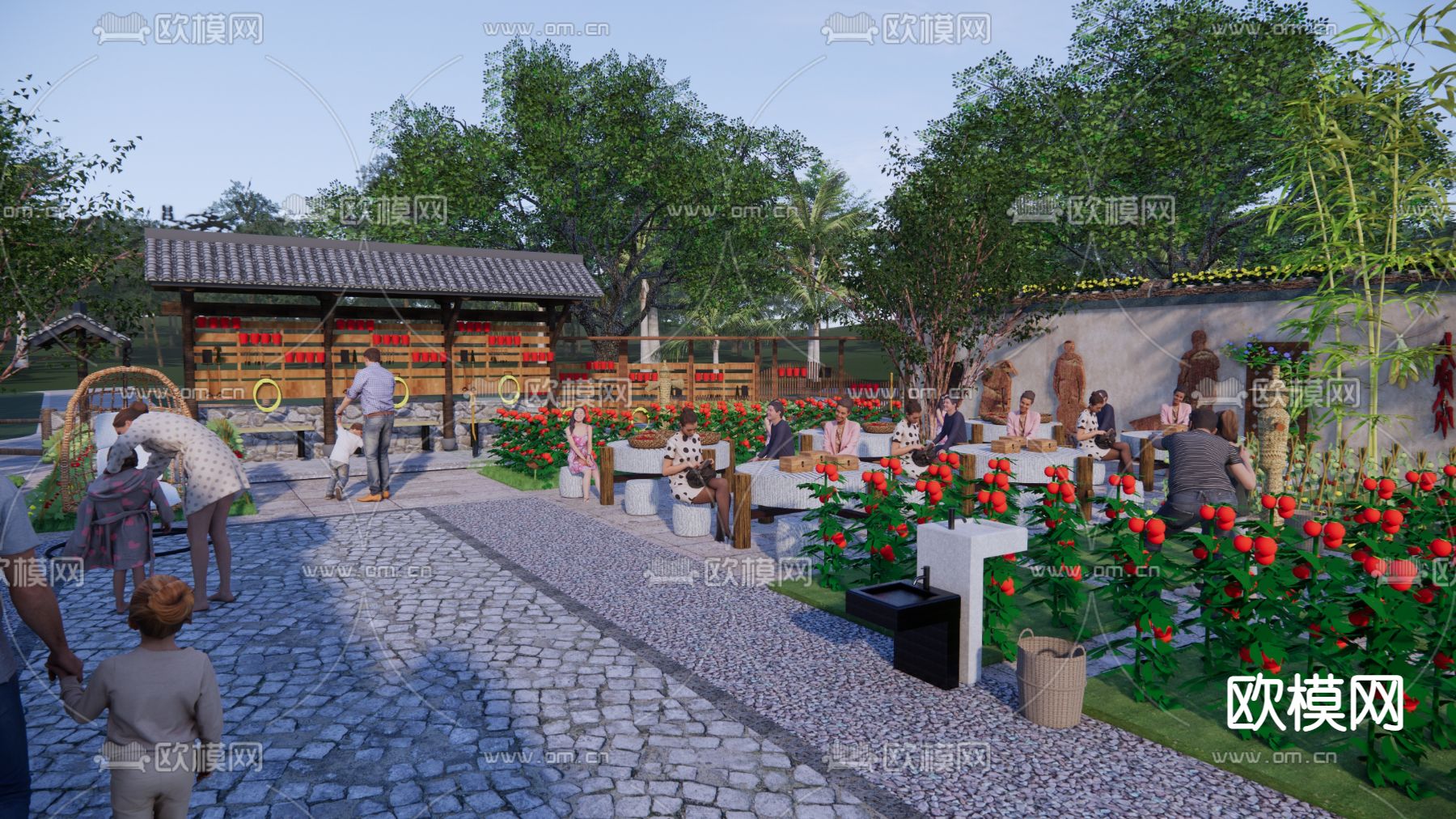 中式乡村庭院 农耕研学景观su模型下载（渲染图1）