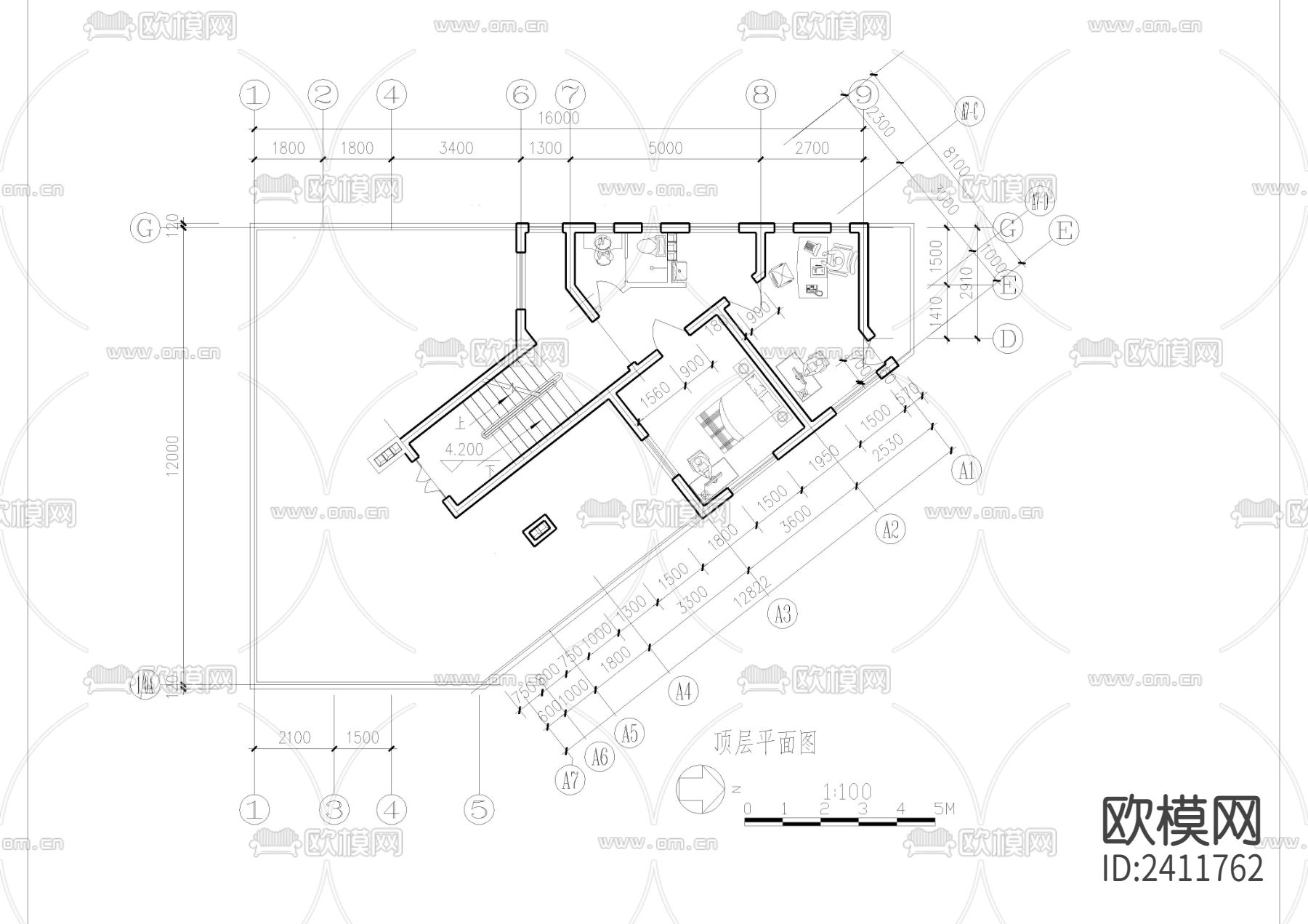 三角形地块五层自建房设计cad施工图下载（渲染图6）