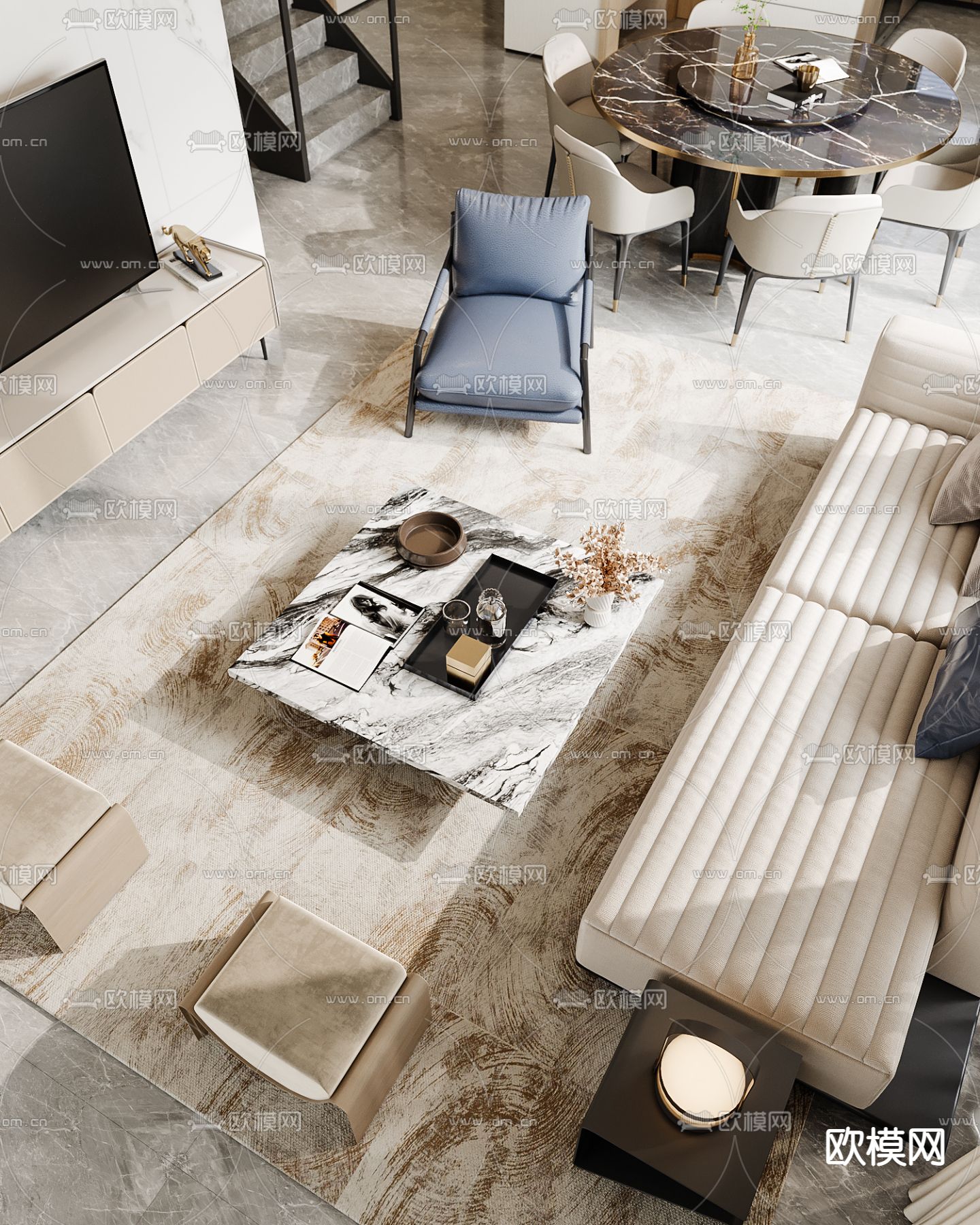 轻奢客餐厅3d模型下载（渲染图2）