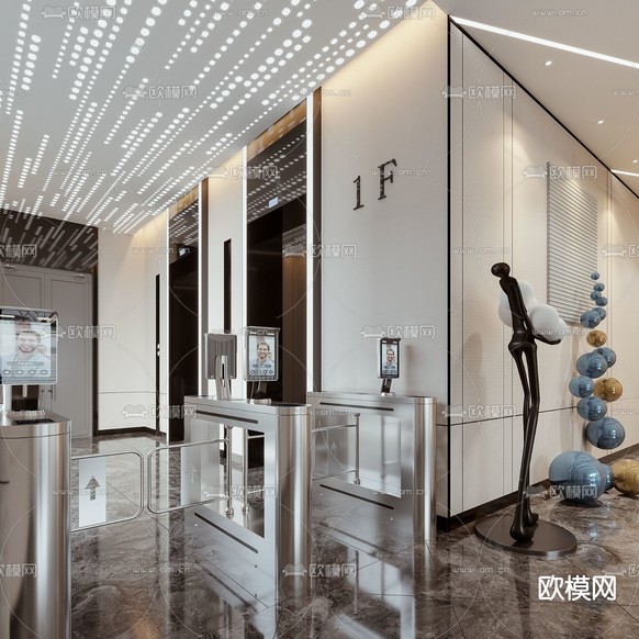 写字楼电梯厅 安检3d模型下载(渲染图2)