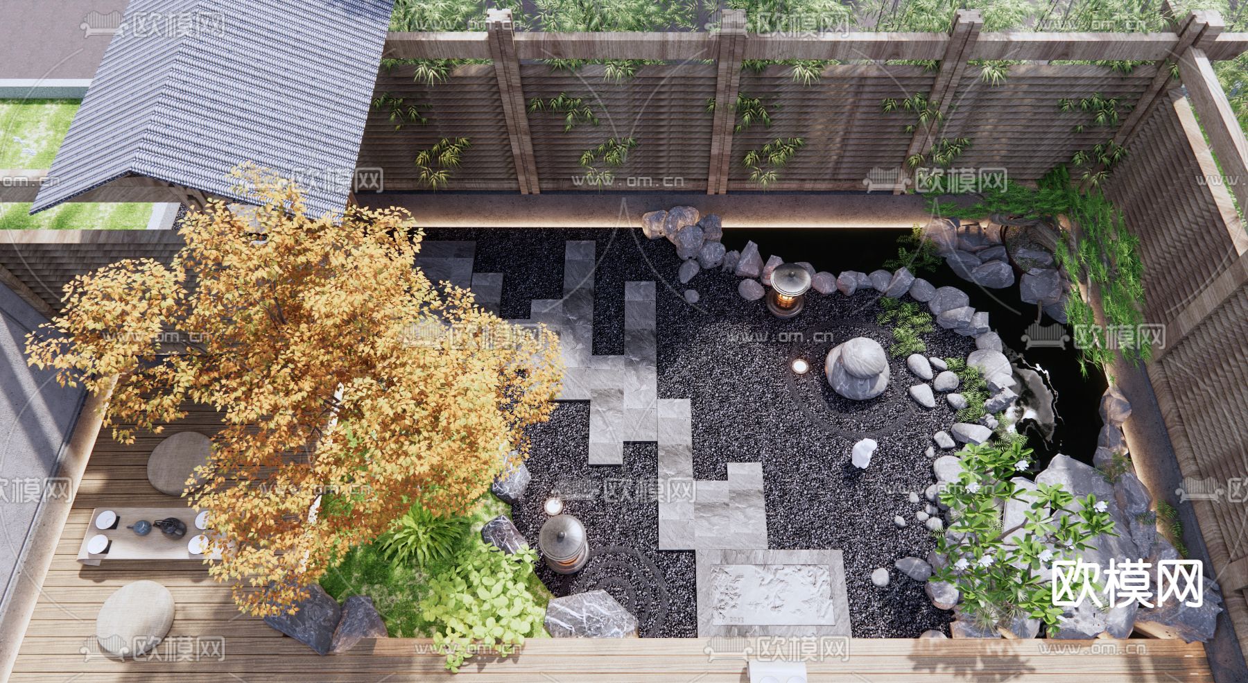 日式庭院 花园 秋景3d模型下载（渲染图2）