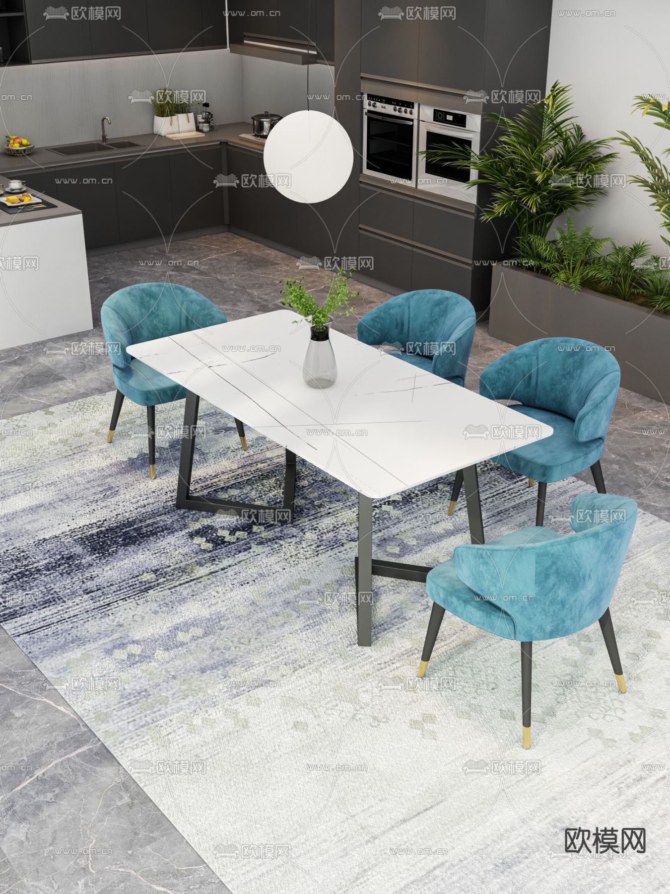 大理石餐桌椅3d模型下载（渲染图2）