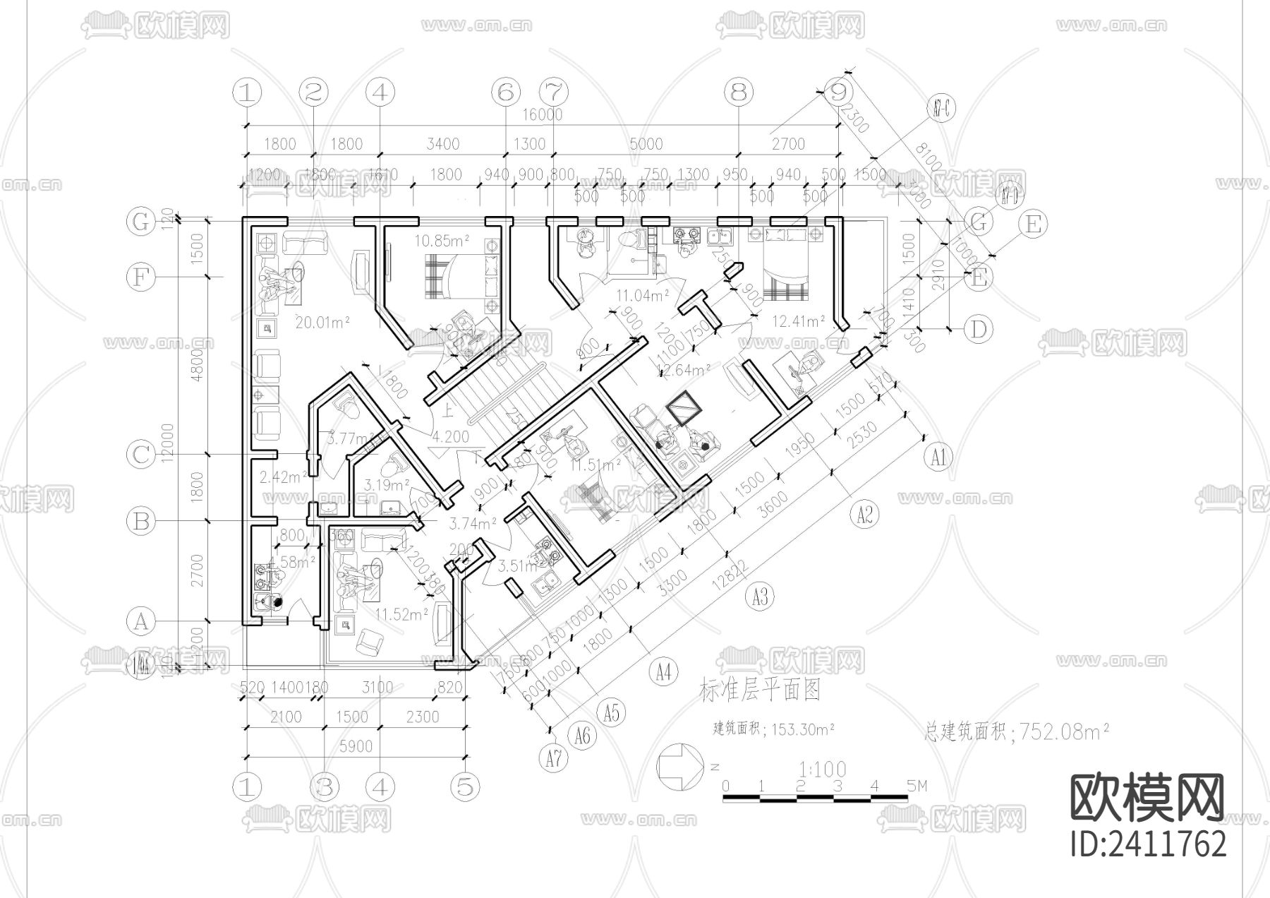 三角形地块五层自建房设计cad施工图下载（渲染图5）