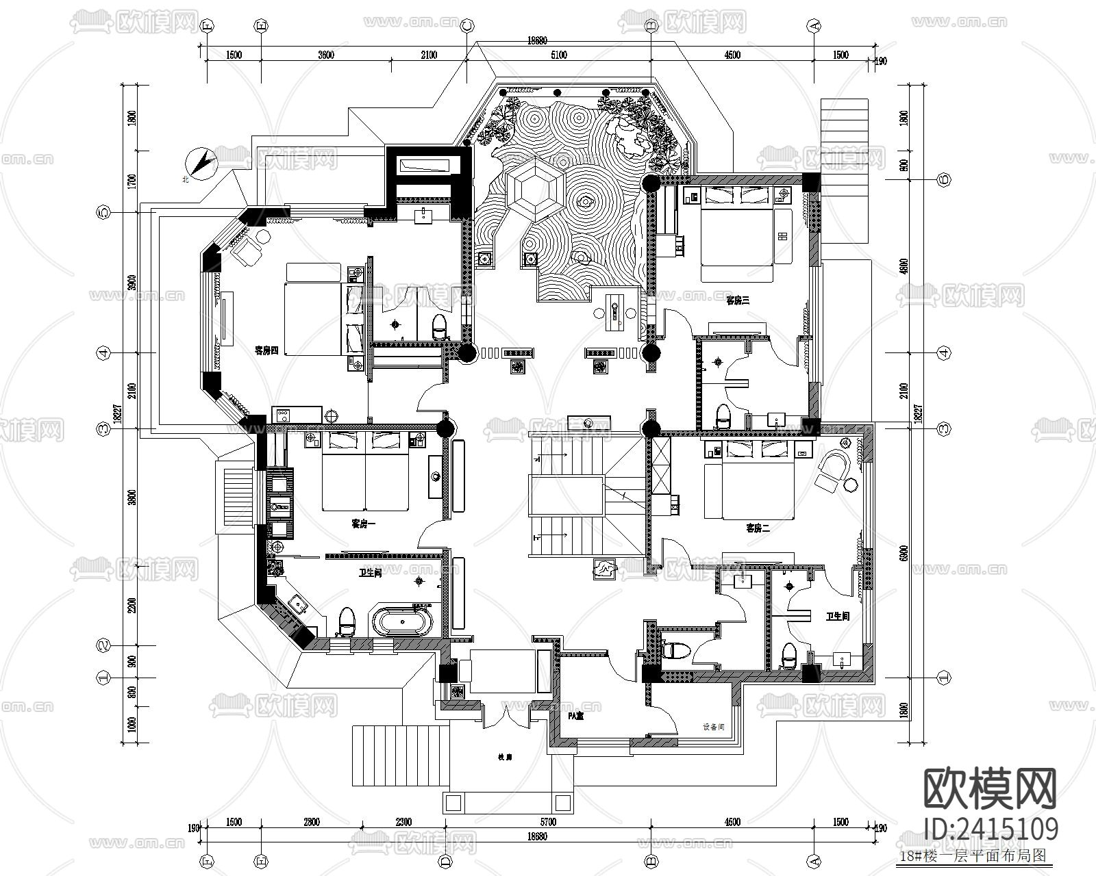 中式别墅装修设计cad施工图下载（渲染图2）