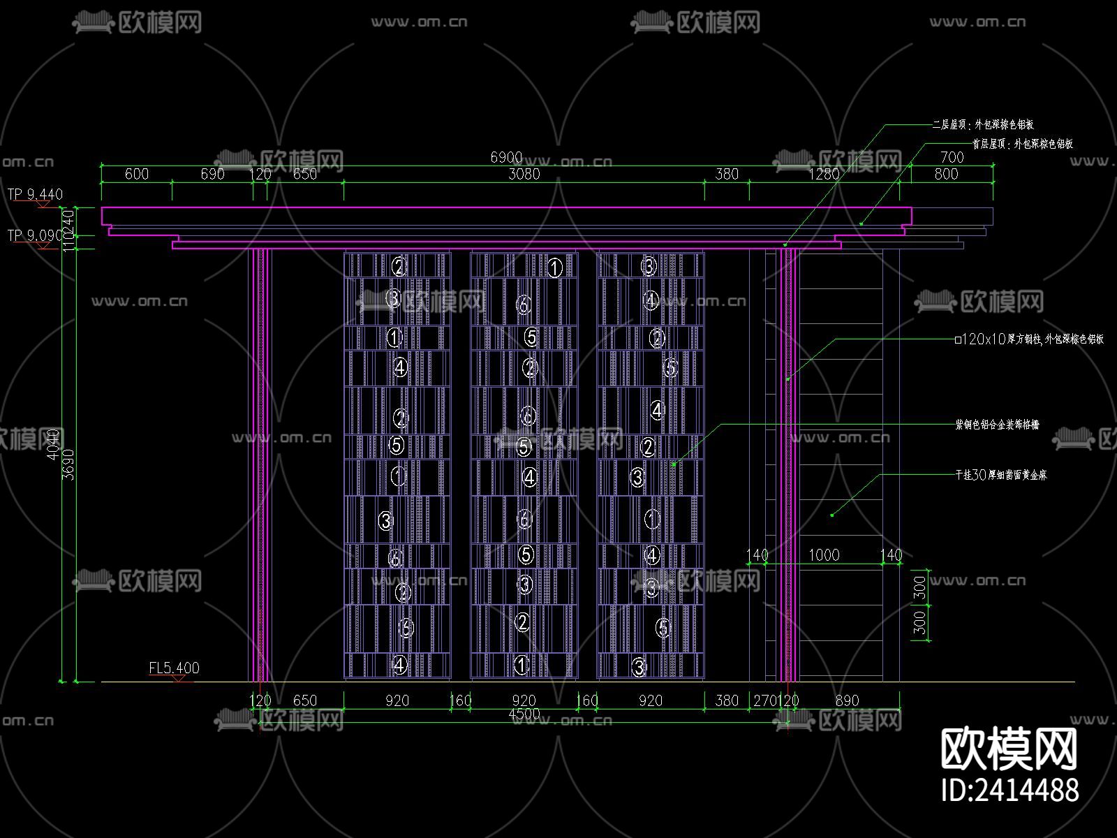 新中式廊架仿铜铝板钢化玻璃顶设计cad施工图下载（渲染图6）