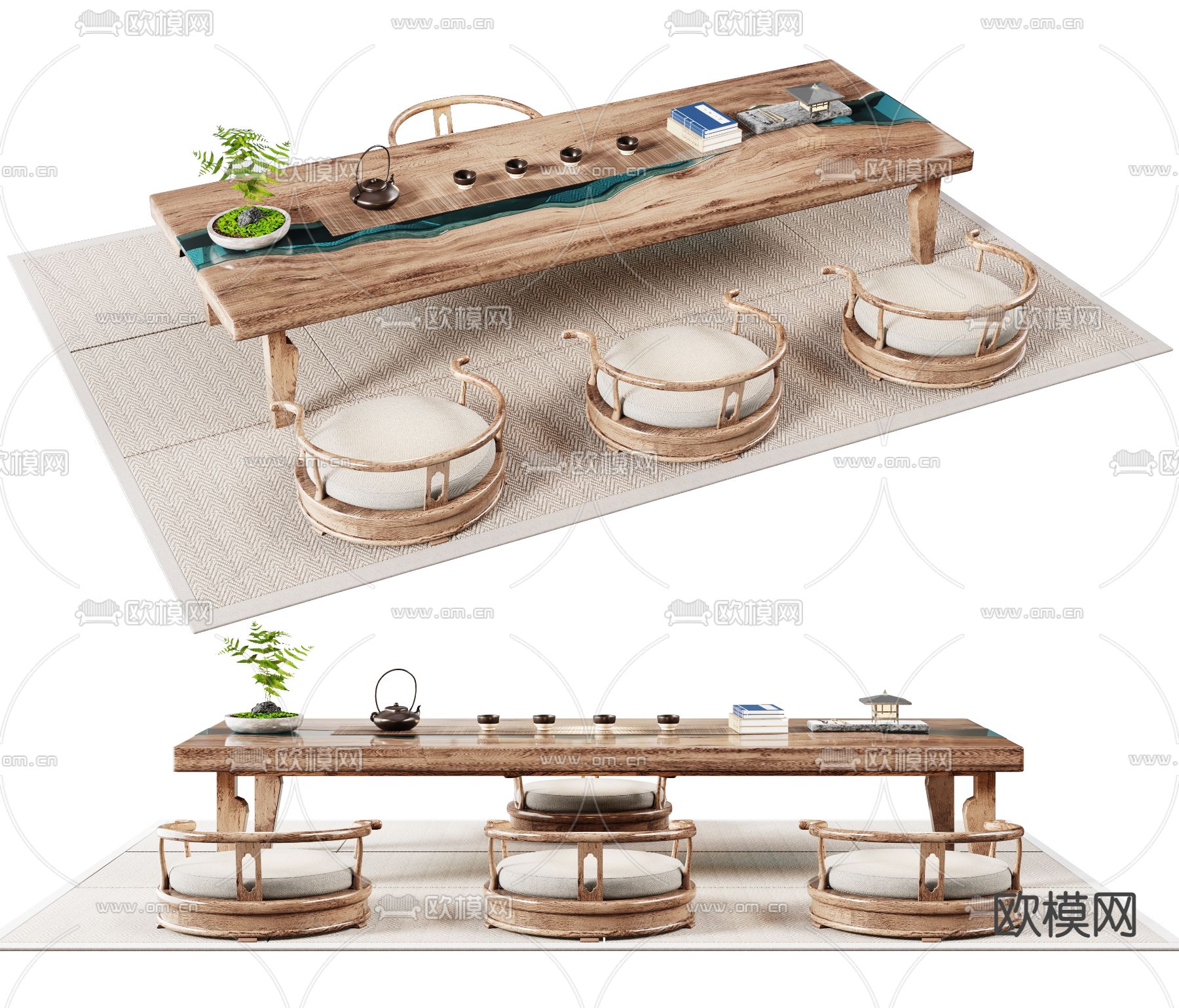 新中式茶桌椅3d模型下载