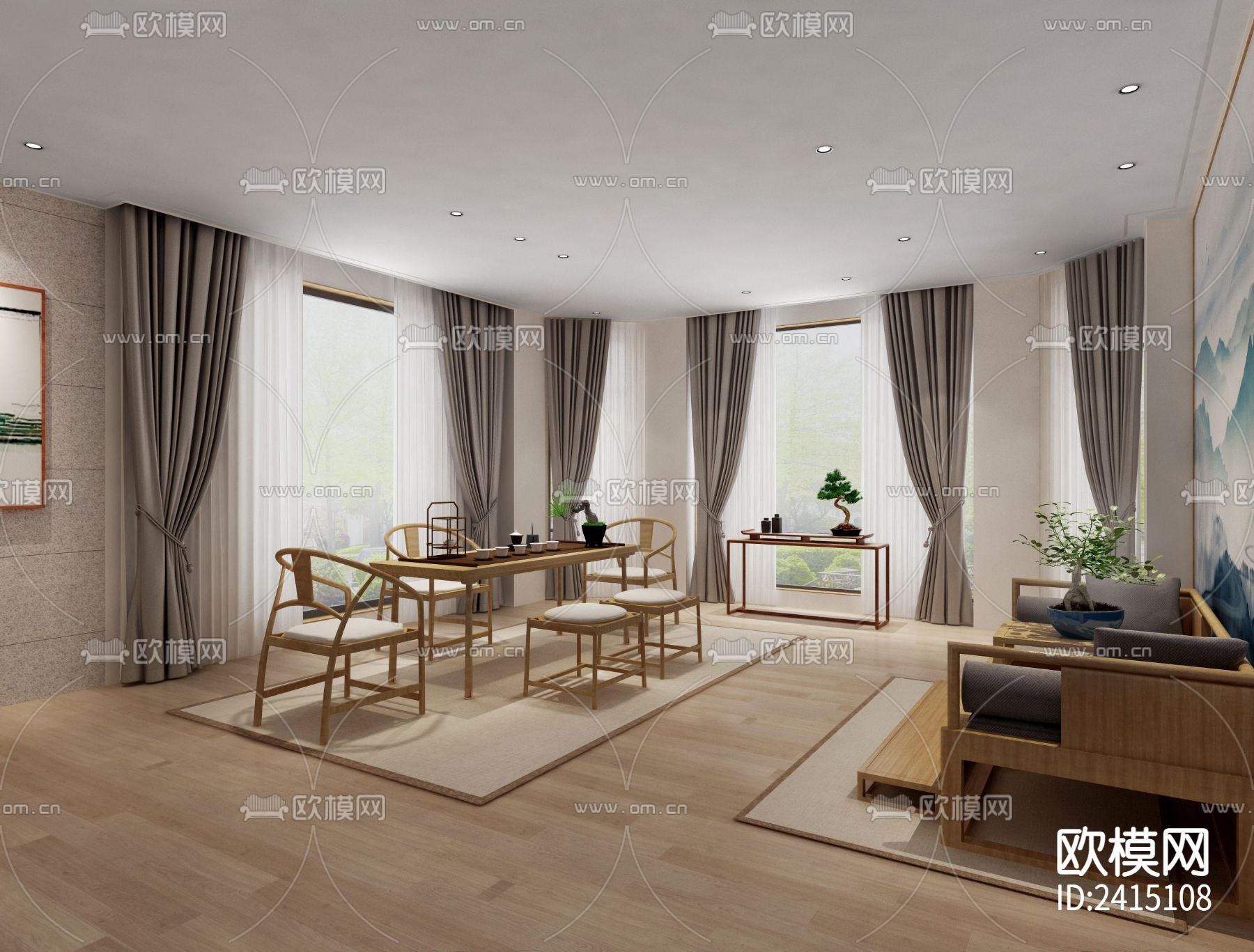 中式别墅装修设计cad施工图下载（渲染图1）