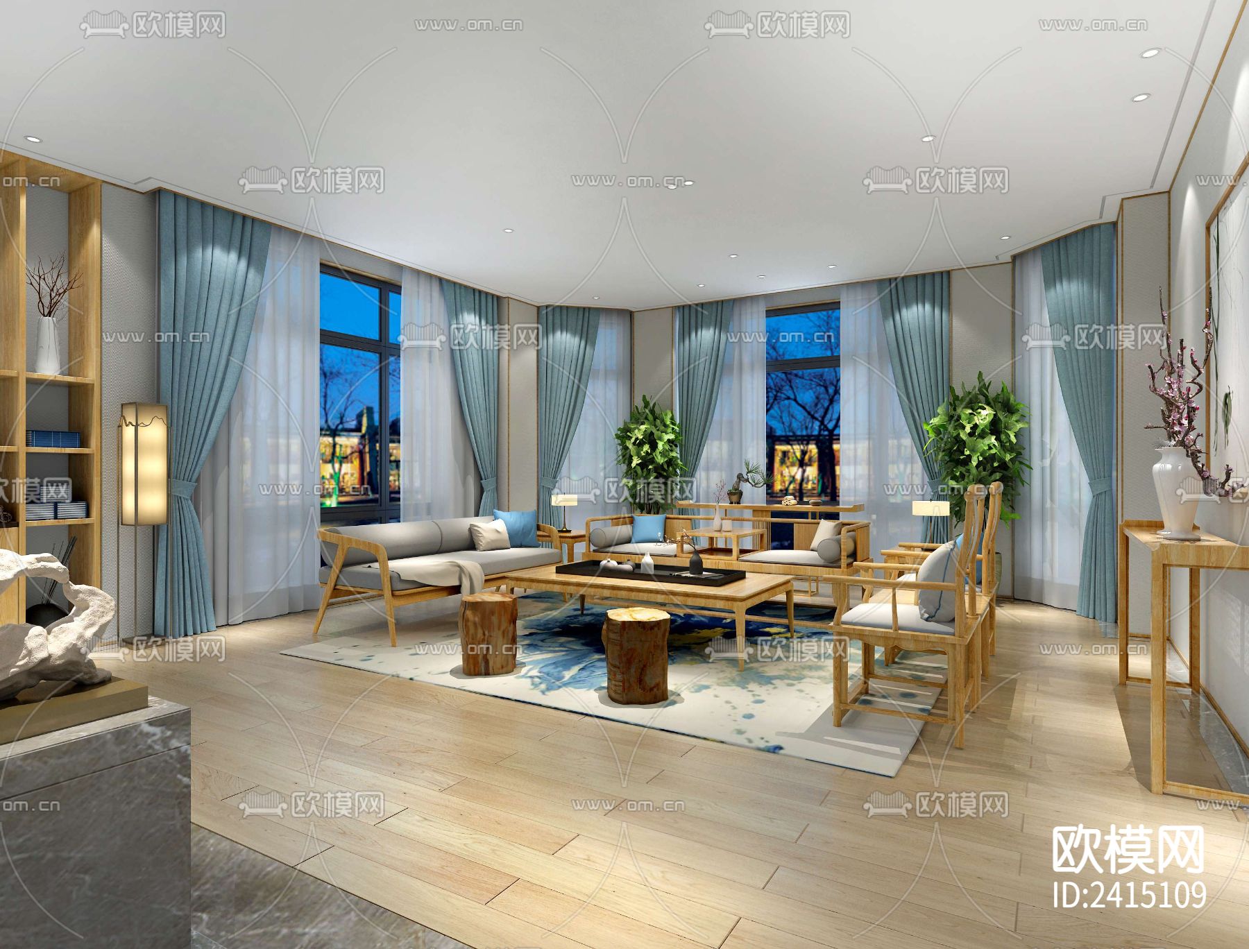 中式别墅装修设计cad施工图下载（渲染图1）