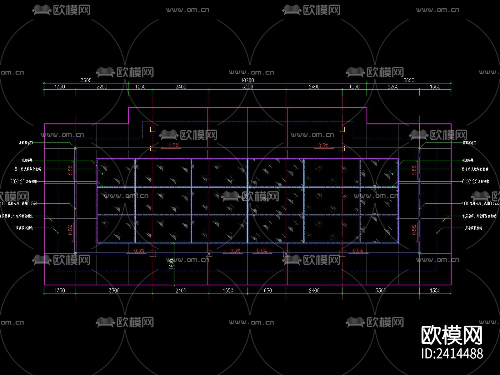 新中式廊架仿铜铝板钢化玻璃顶设计cad施工图下载（渲染图5）