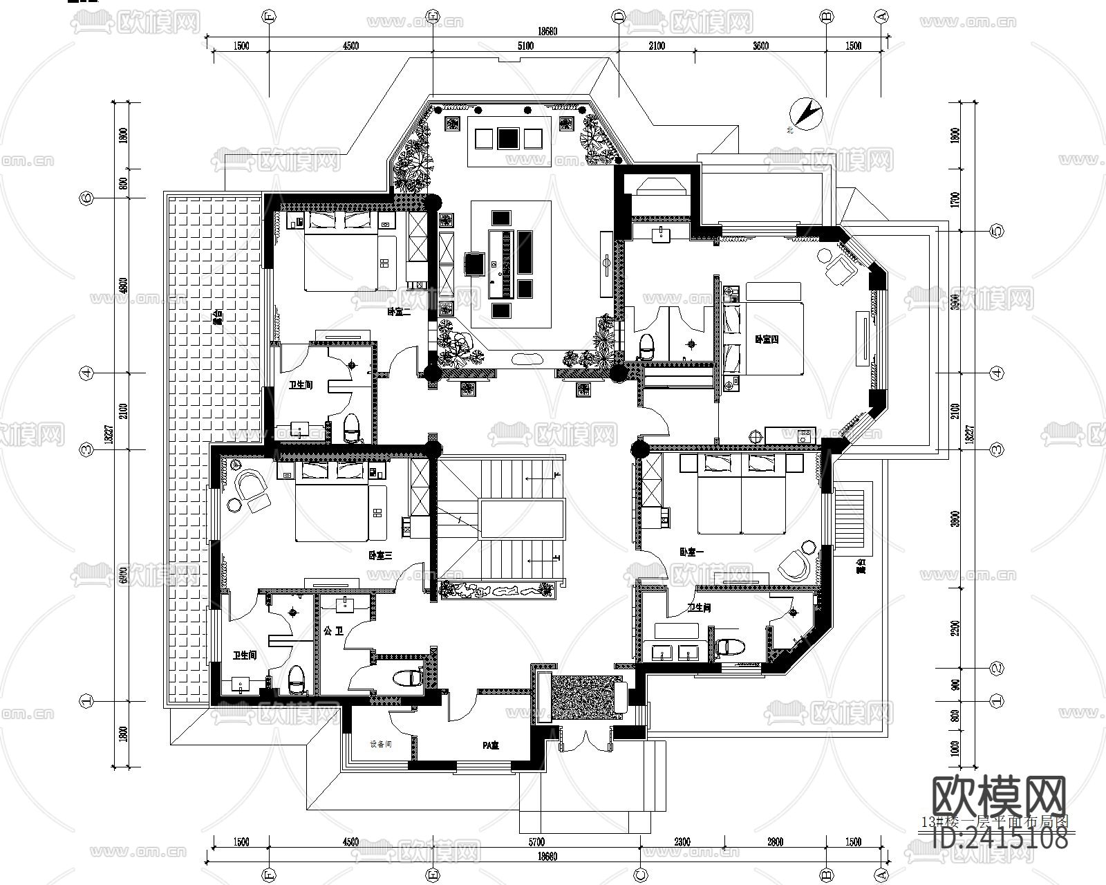 中式别墅装修设计cad施工图下载（渲染图2）