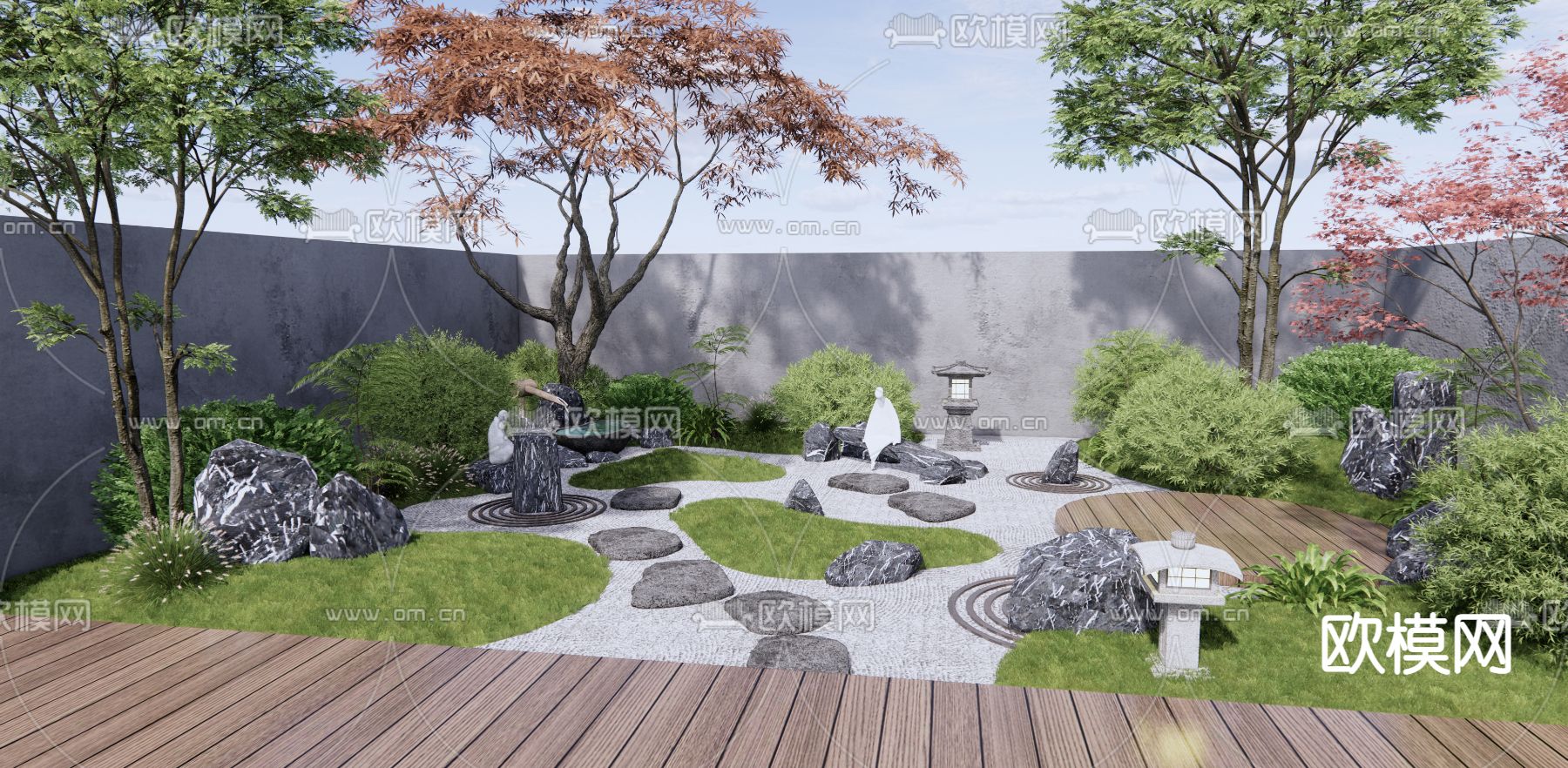 日式枯山水庭院景观3d模型下载_ID12195759_3dmax免费模型-欧模网