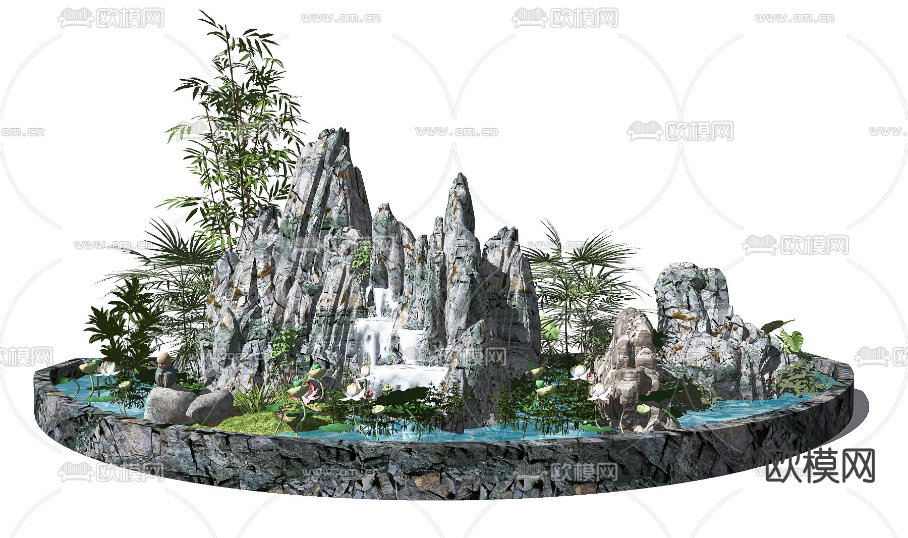 新中式假山石头水景 庭院景观小品su模型下载_ID12242702_sketchup模型下载-欧模网