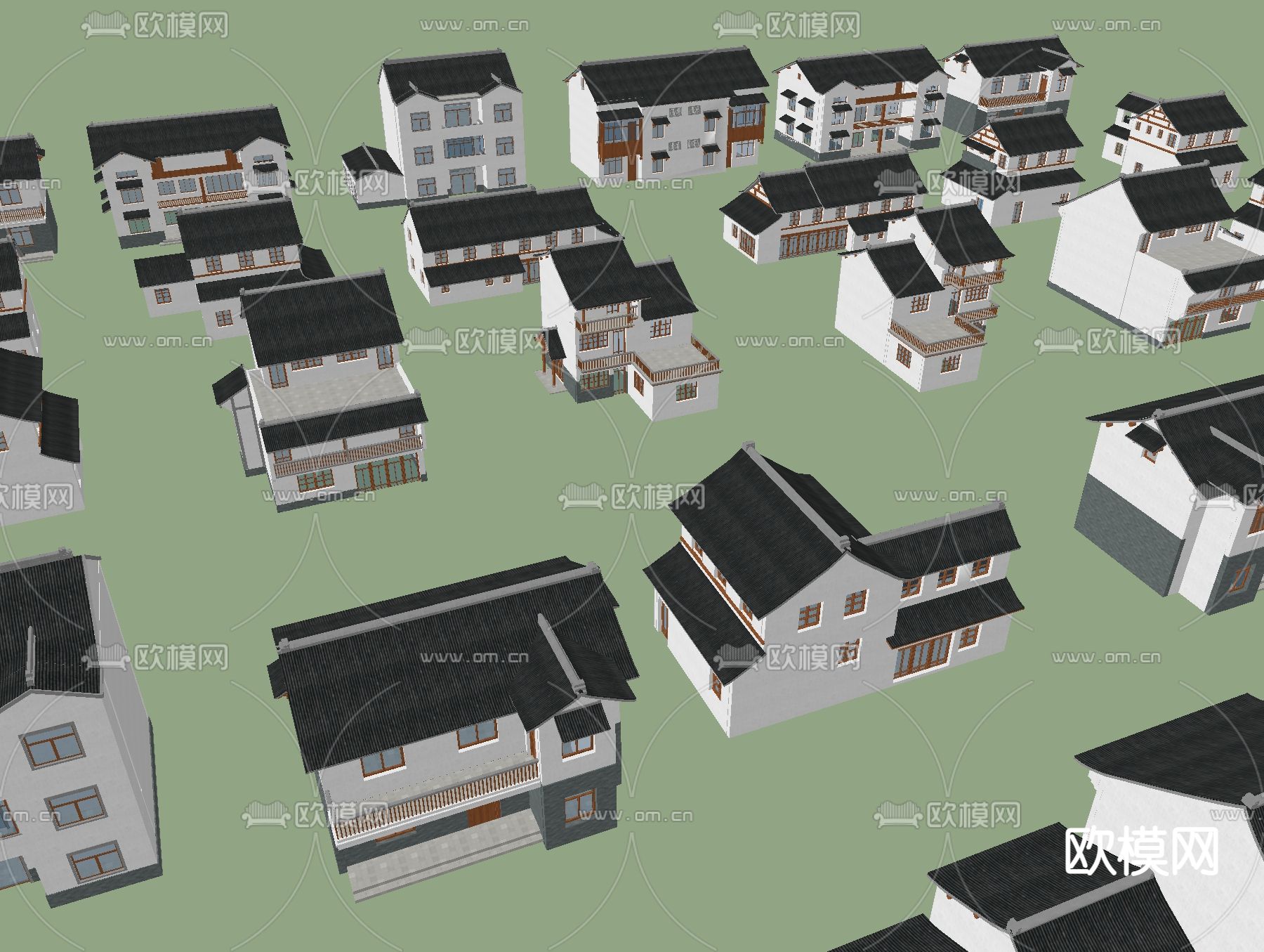 新中式民居自建房建筑鸟瞰su模型下载（渲染图1）