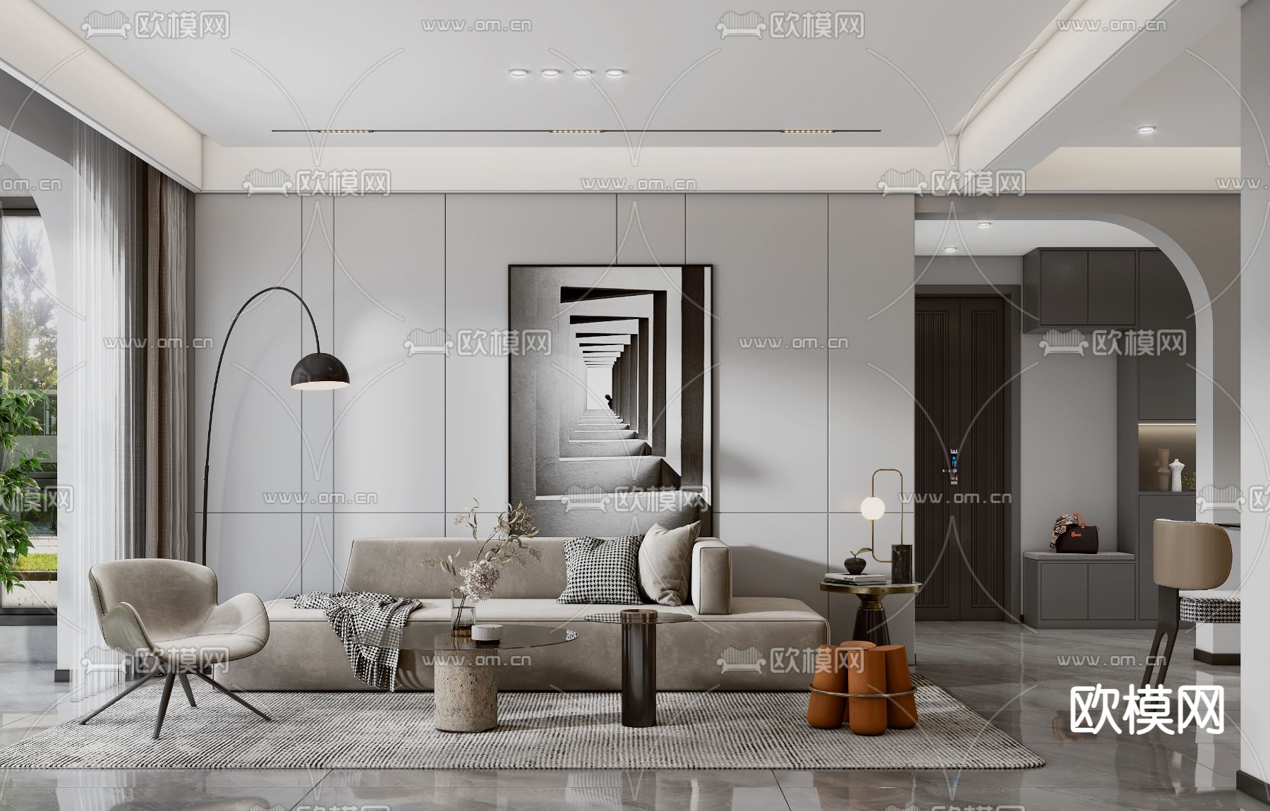 高级灰客餐厅3d模型下载（渲染图1）