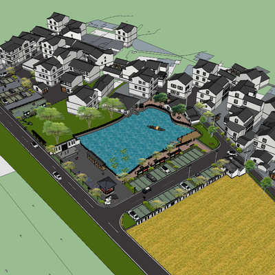  新农村村落建筑鸟瞰su模型 