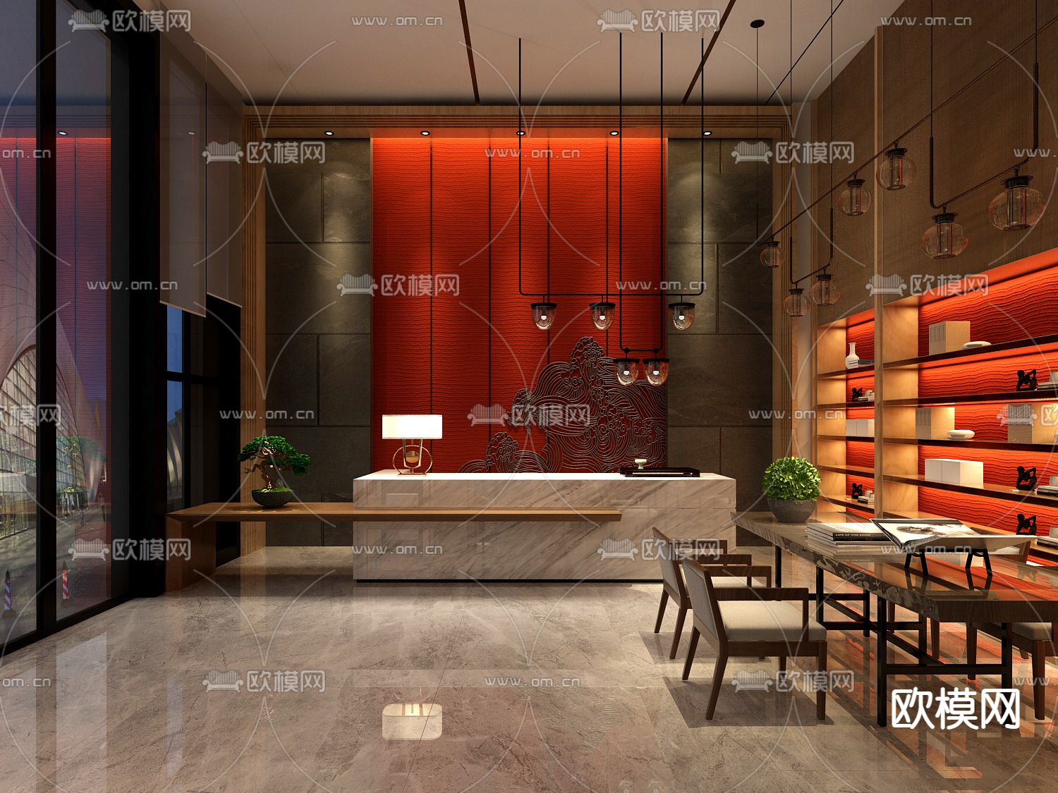 新中式酒店大堂免费3d模型下载