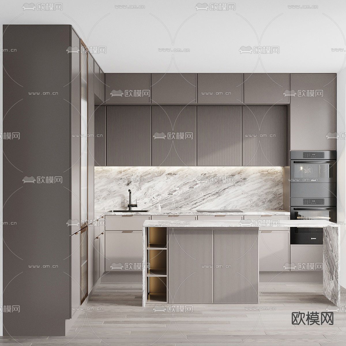 现代岛台厨房 橱柜3d模型下载（渲染图1）