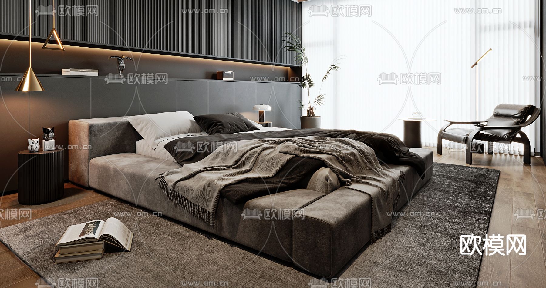高级灰双人床3d模型下载（渲染图2）
