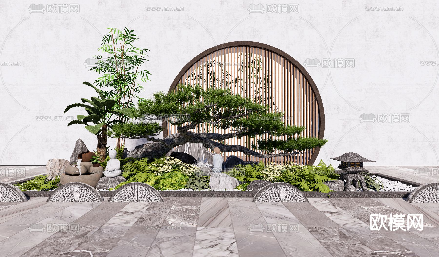 新中式庭院景观松树假山小品su模型下载_ID12242700_sketchup模型下载-欧模网