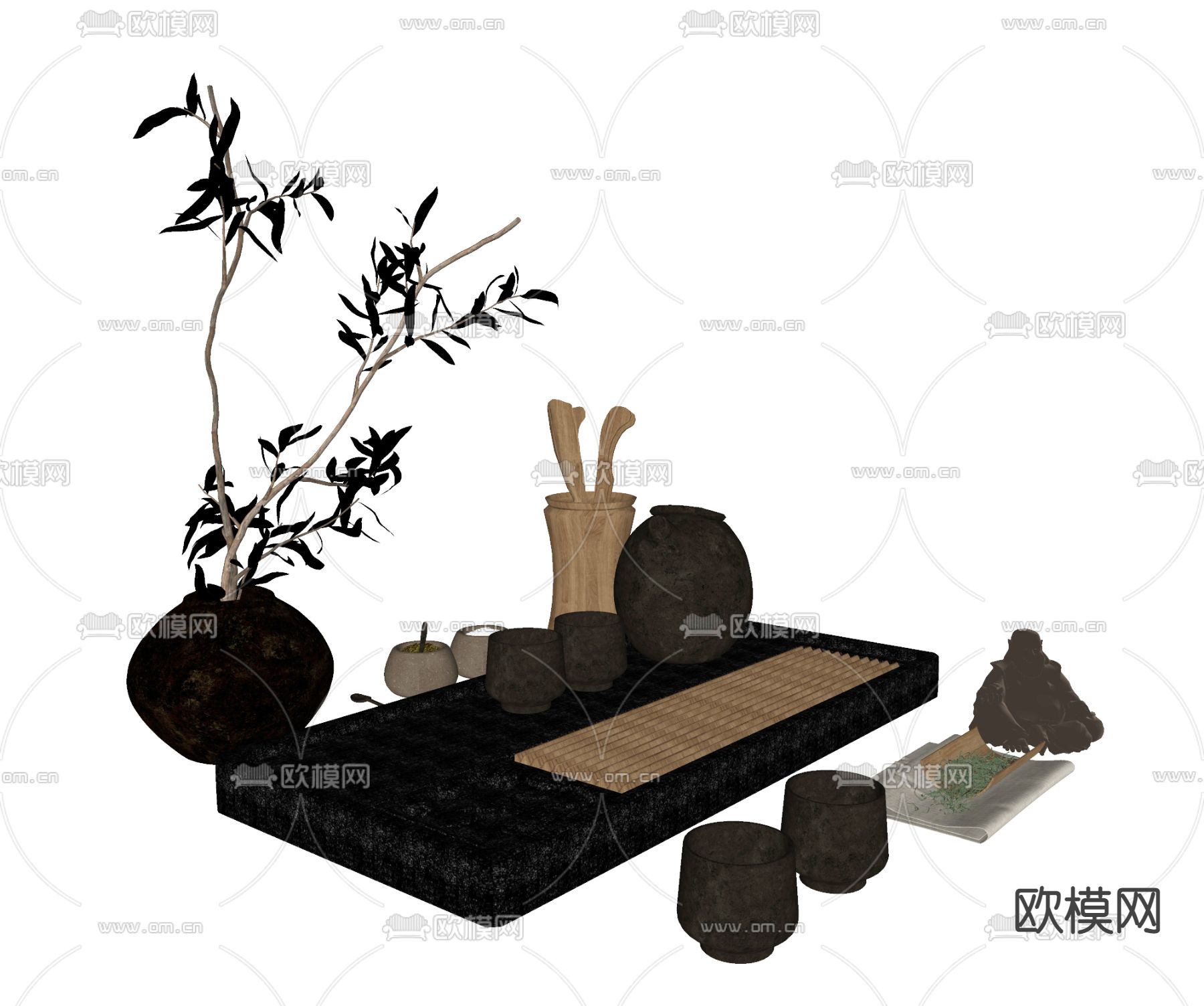新中式茶壶 茶具 茶托盘su模型下载（渲染图2）