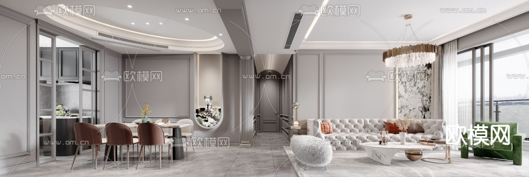 简欧客餐厅3d模型下载（渲染图1）