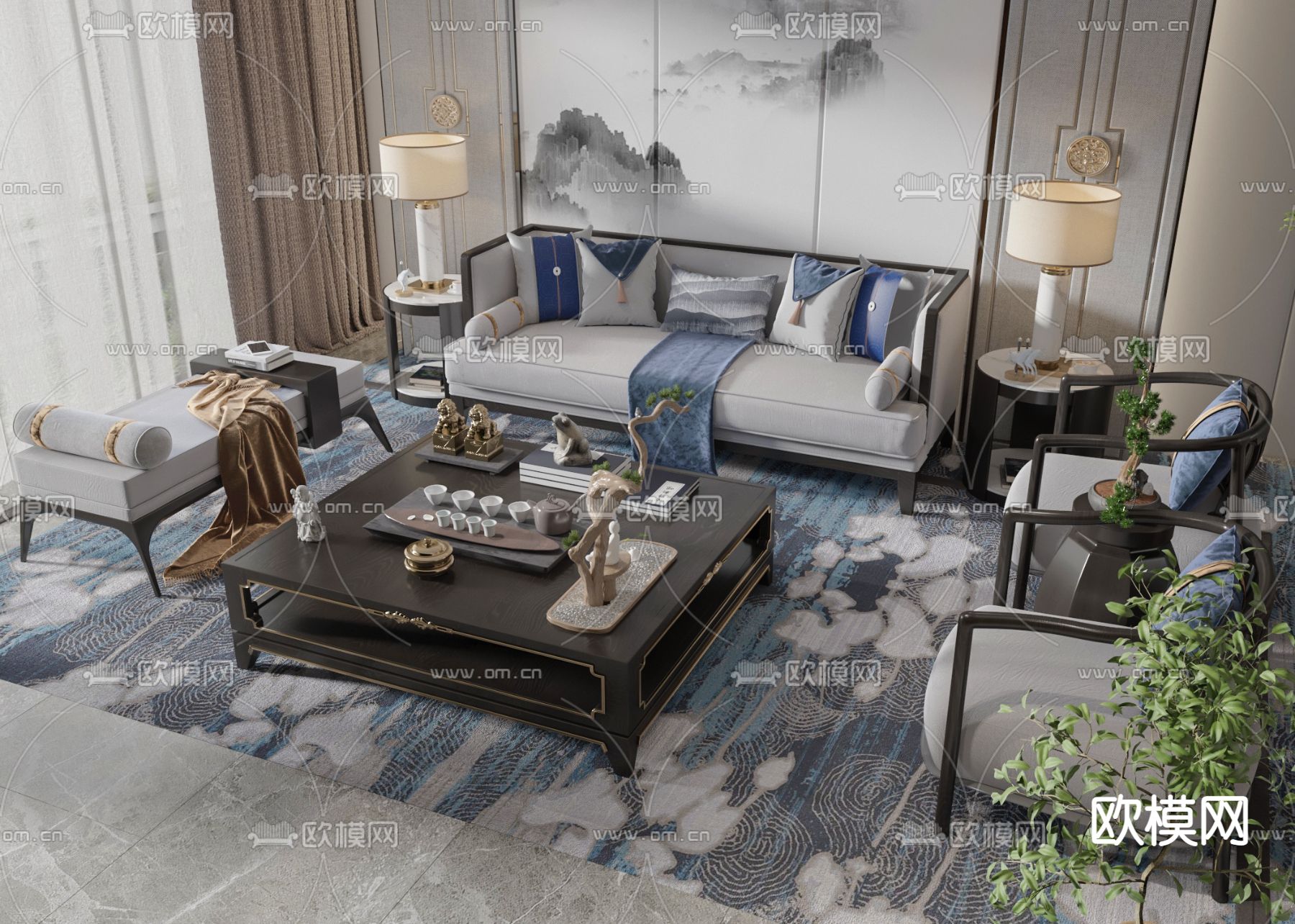 新中式组合沙发3d模型下载