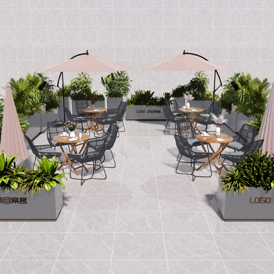 现代户外餐桌椅 遮阳伞su模型