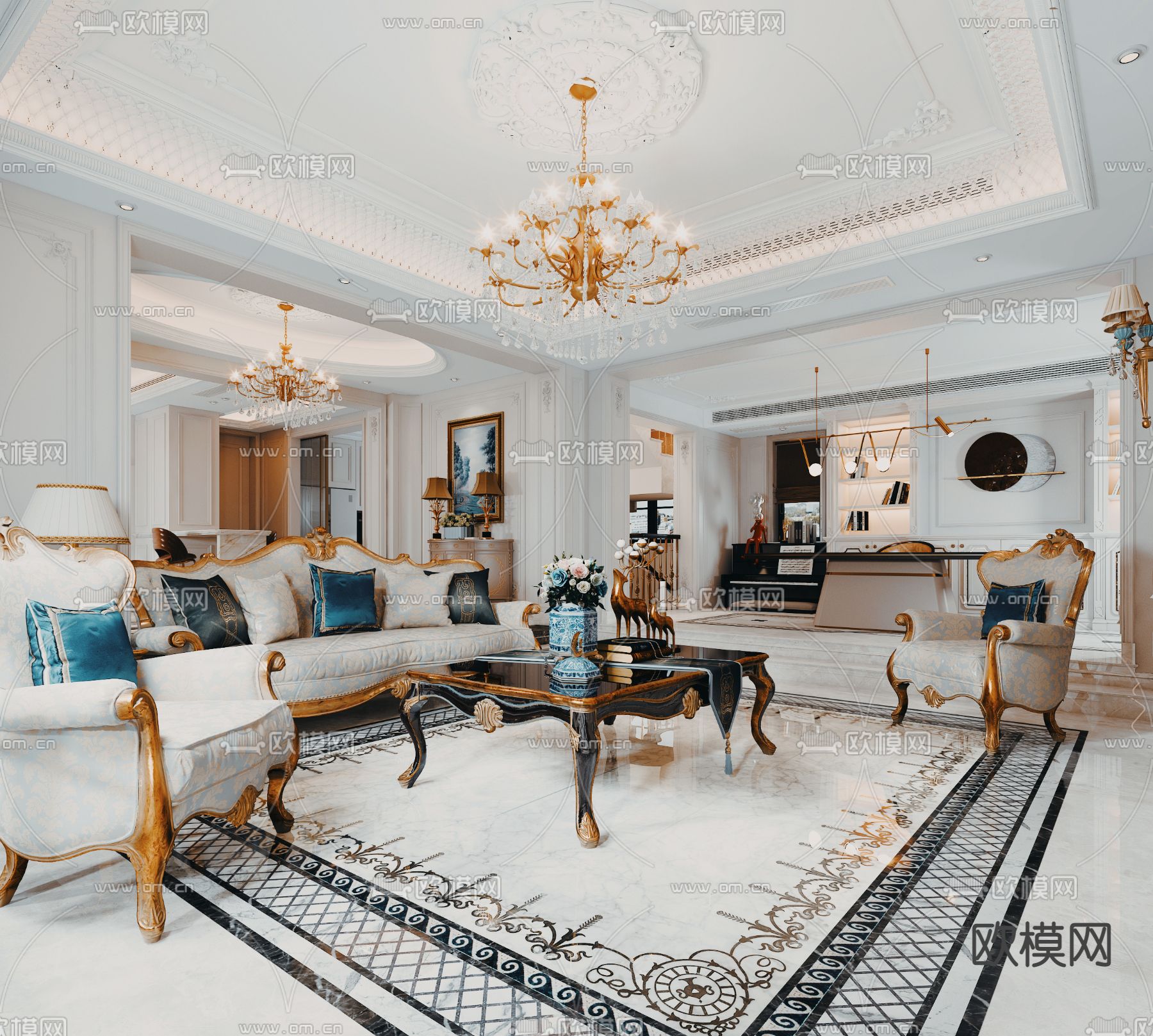 欧式客厅3d模型下载（渲染图1）