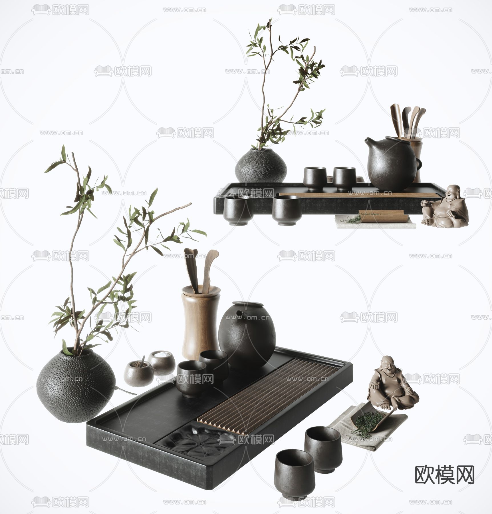 新中式茶壶 茶具 茶托盘su模型下载（渲染图1）