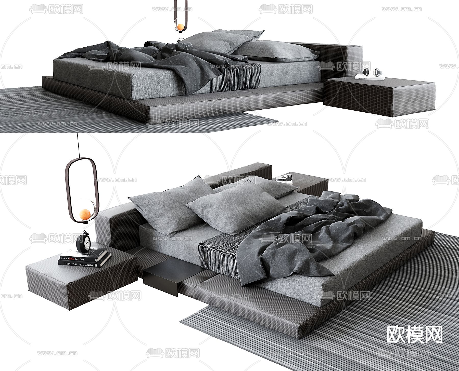 高级灰双人床su模型下载（渲染图1）
