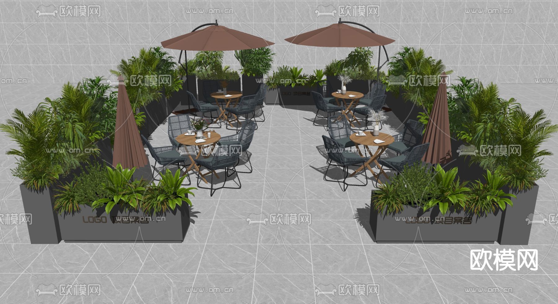现代户外餐桌椅 遮阳伞su模型