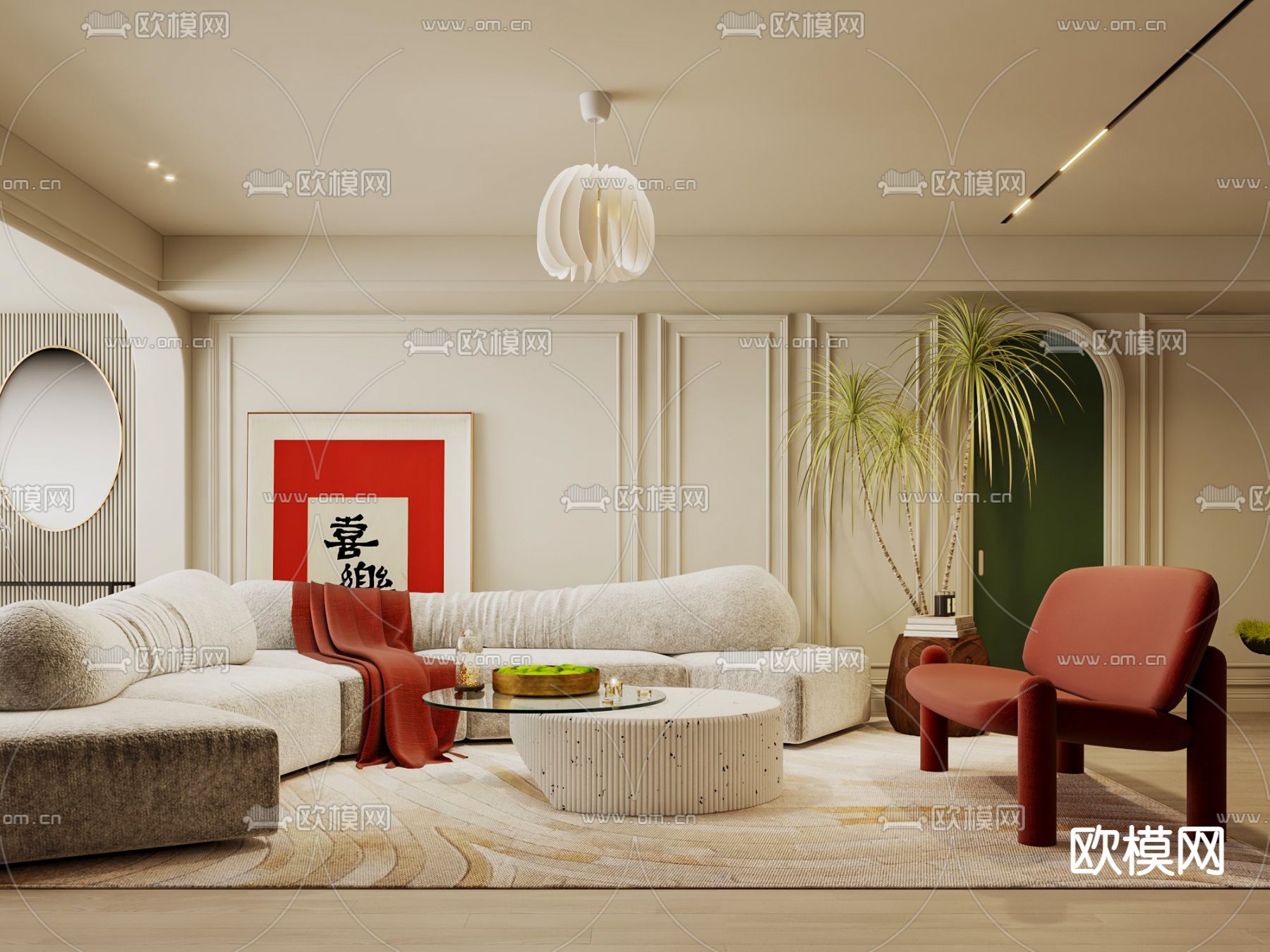 奶油风客厅3d模型下载_ID12245838_3dmax免费模型-欧模网