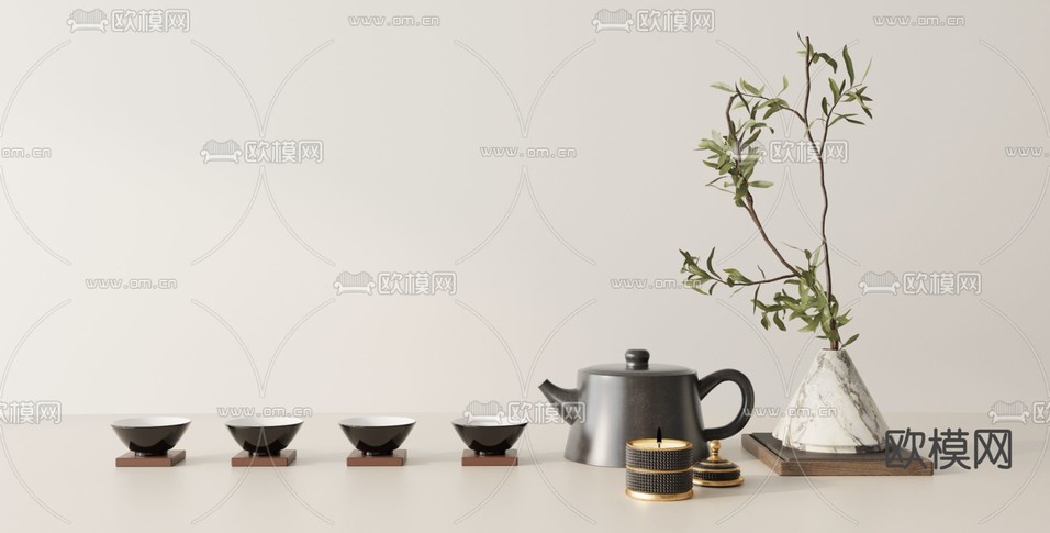 茶具 绿植 蜡烛摆件3d模型下载