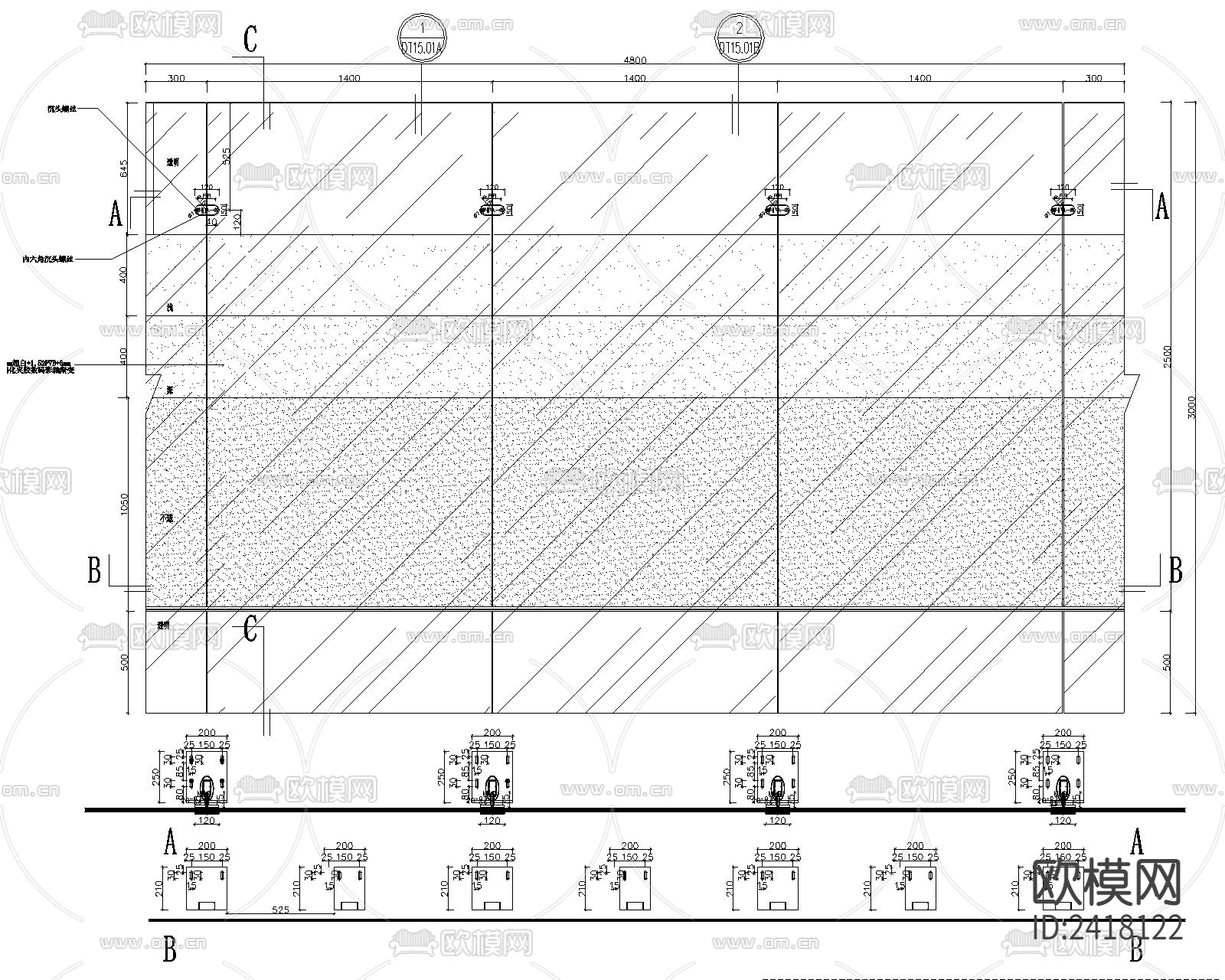 挑空区走廊玻璃护栏挡烟垂臂大样设计cad施工图下载（渲染图4）