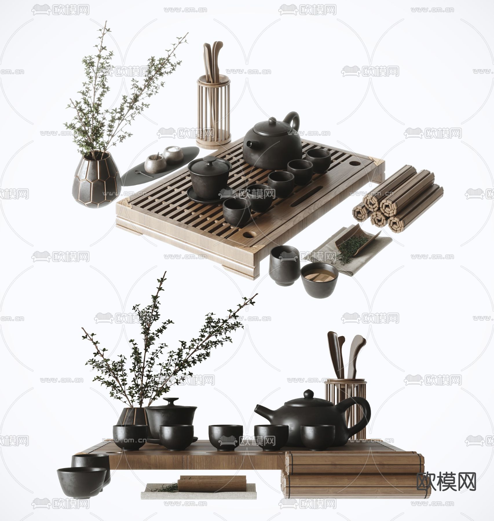 新中式茶具 茶盘托su模型