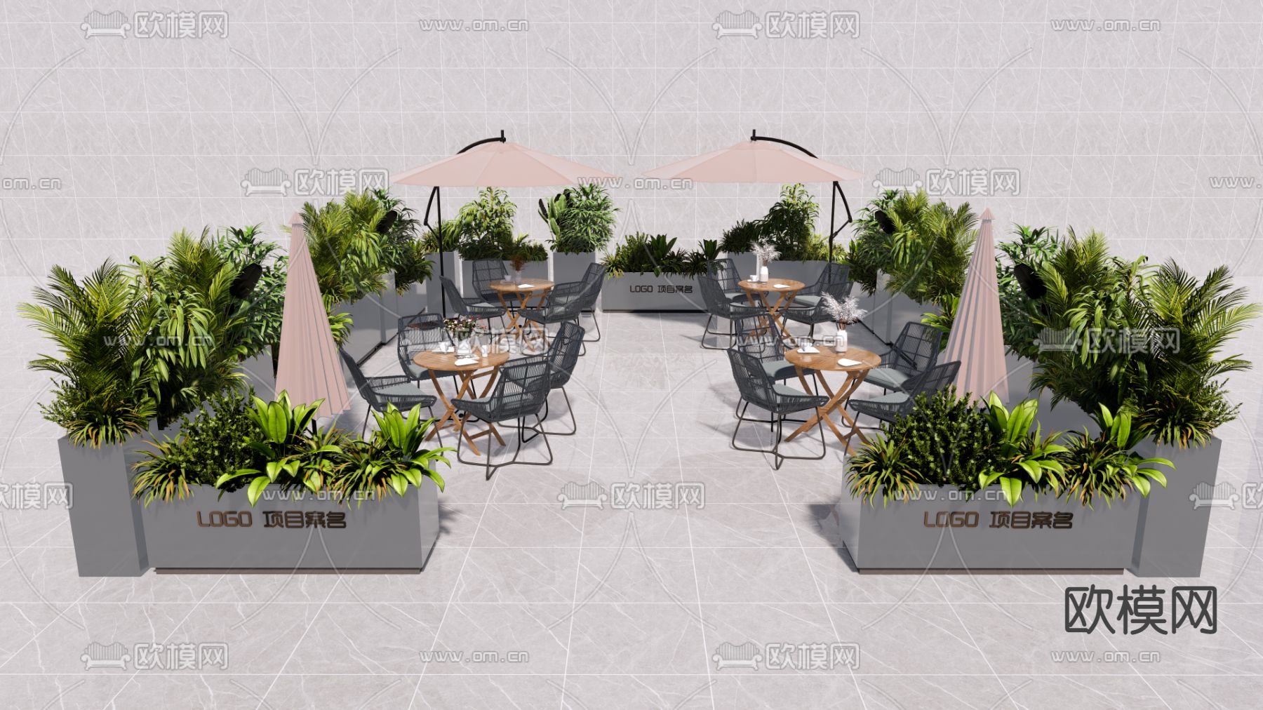 现代户外餐桌椅 遮阳伞su模型