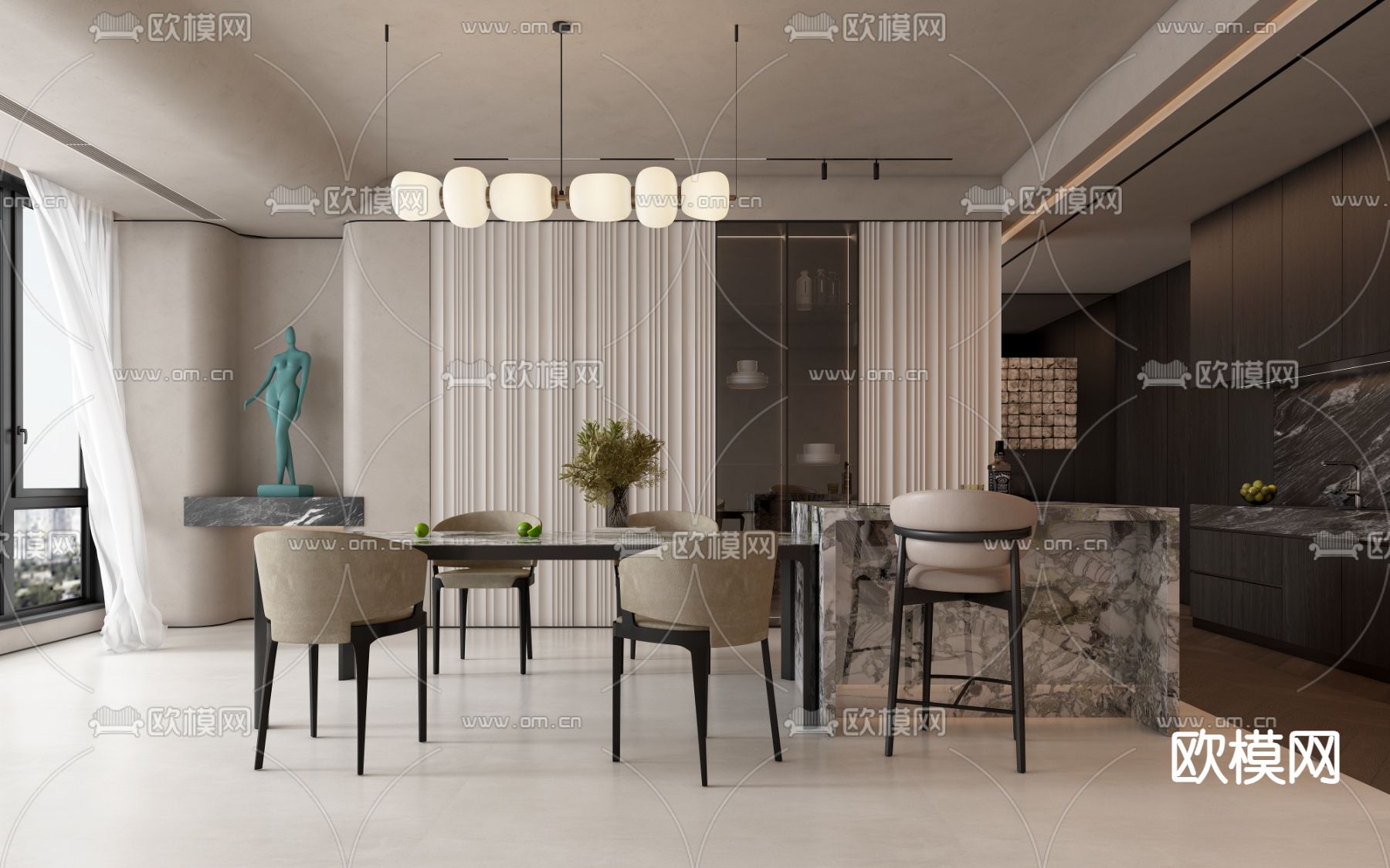 侘寂风中岛餐厅3d模型下载