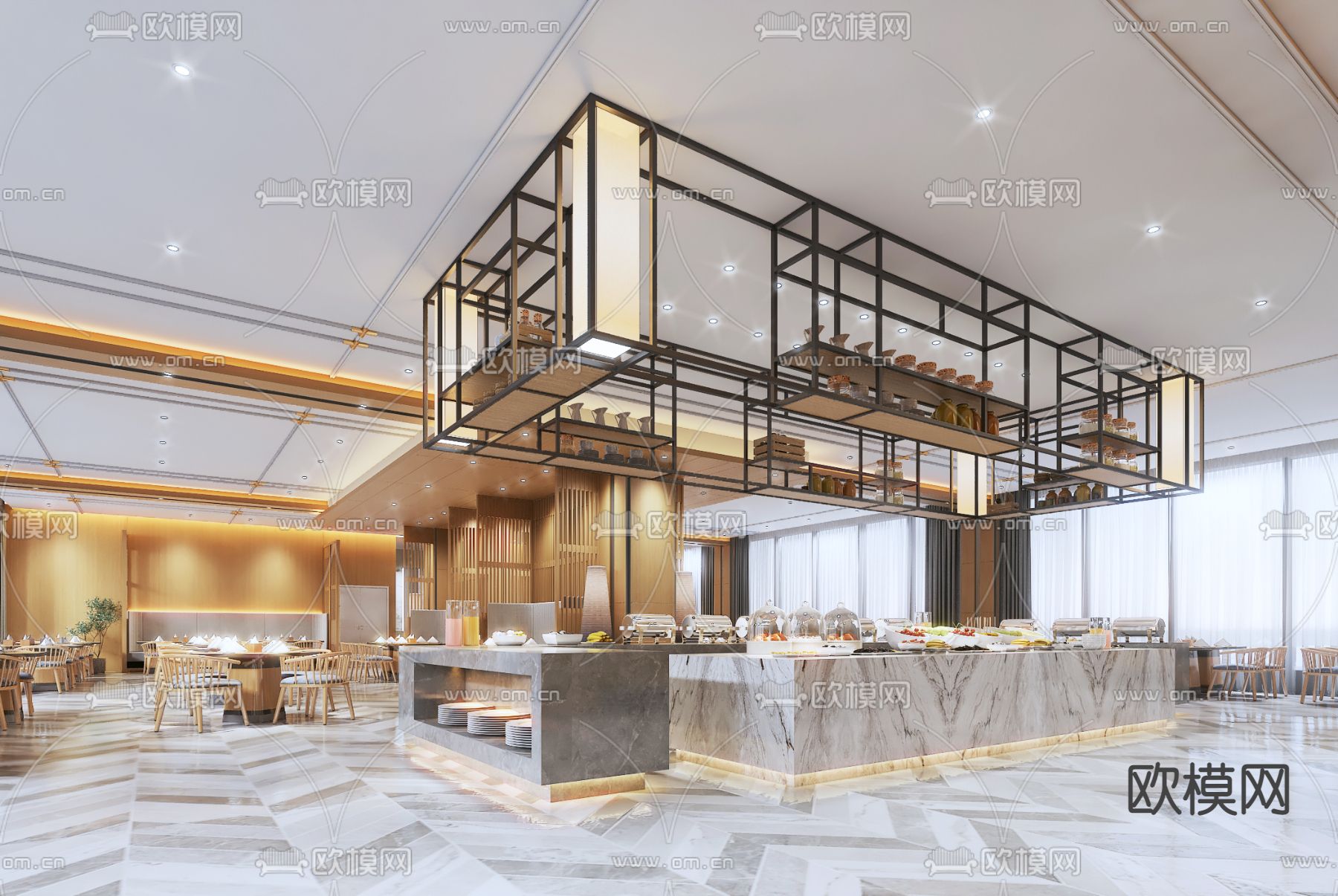 轻奢自助餐厅3d模型下载（渲染图1）
