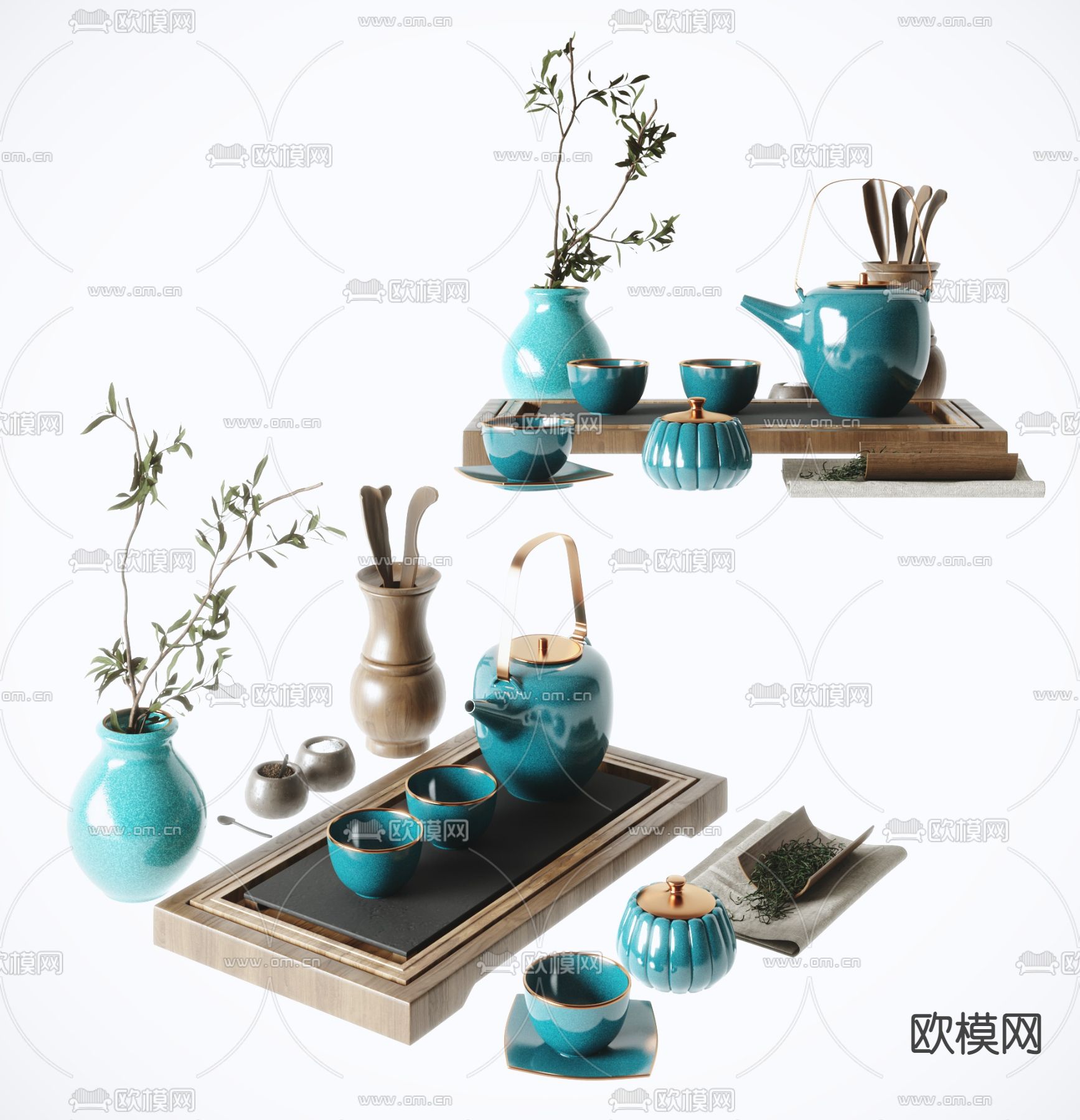 新中式茶具 茶盘托su模型下载（渲染图1）