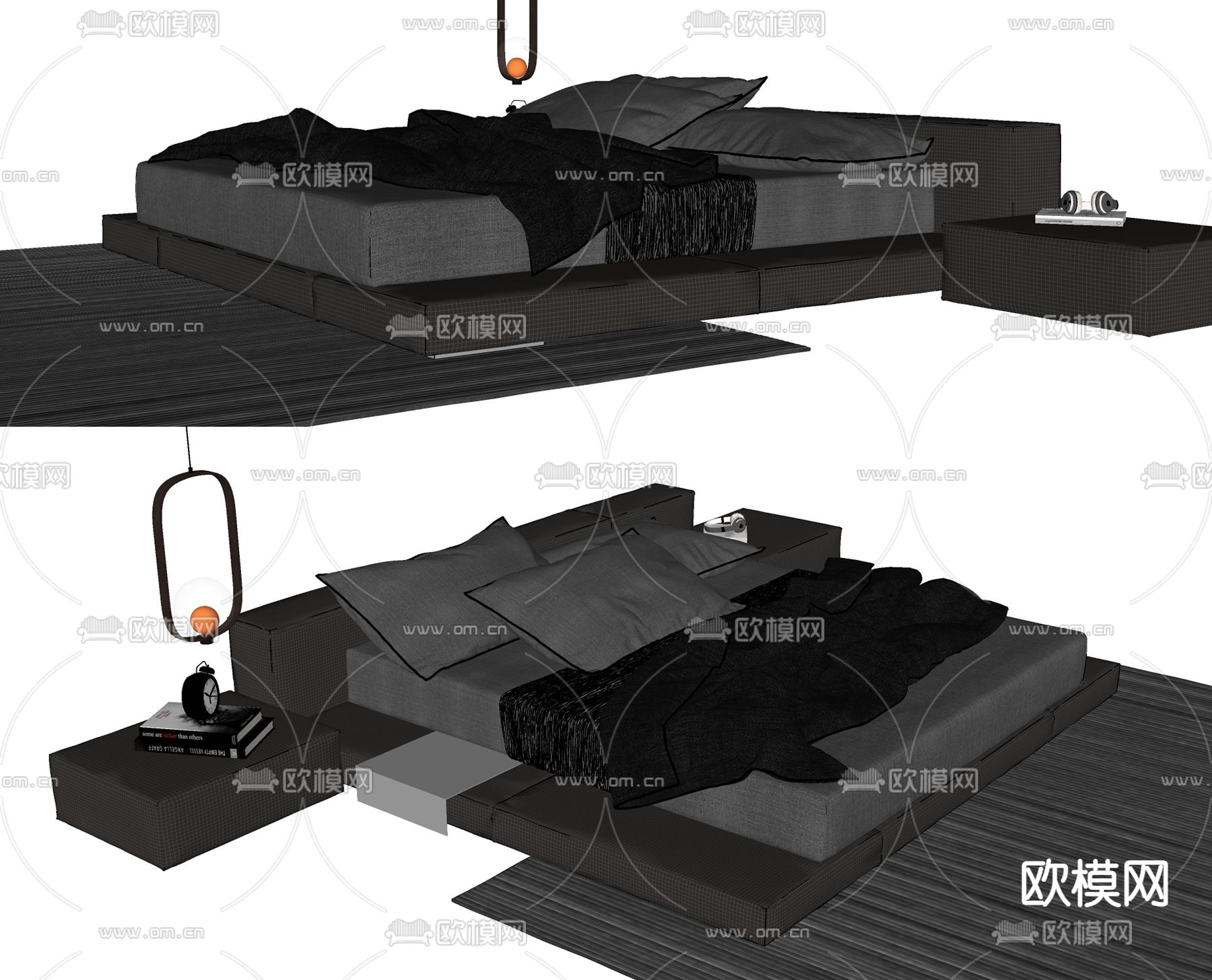 高级灰双人床su模型下载（渲染图2）