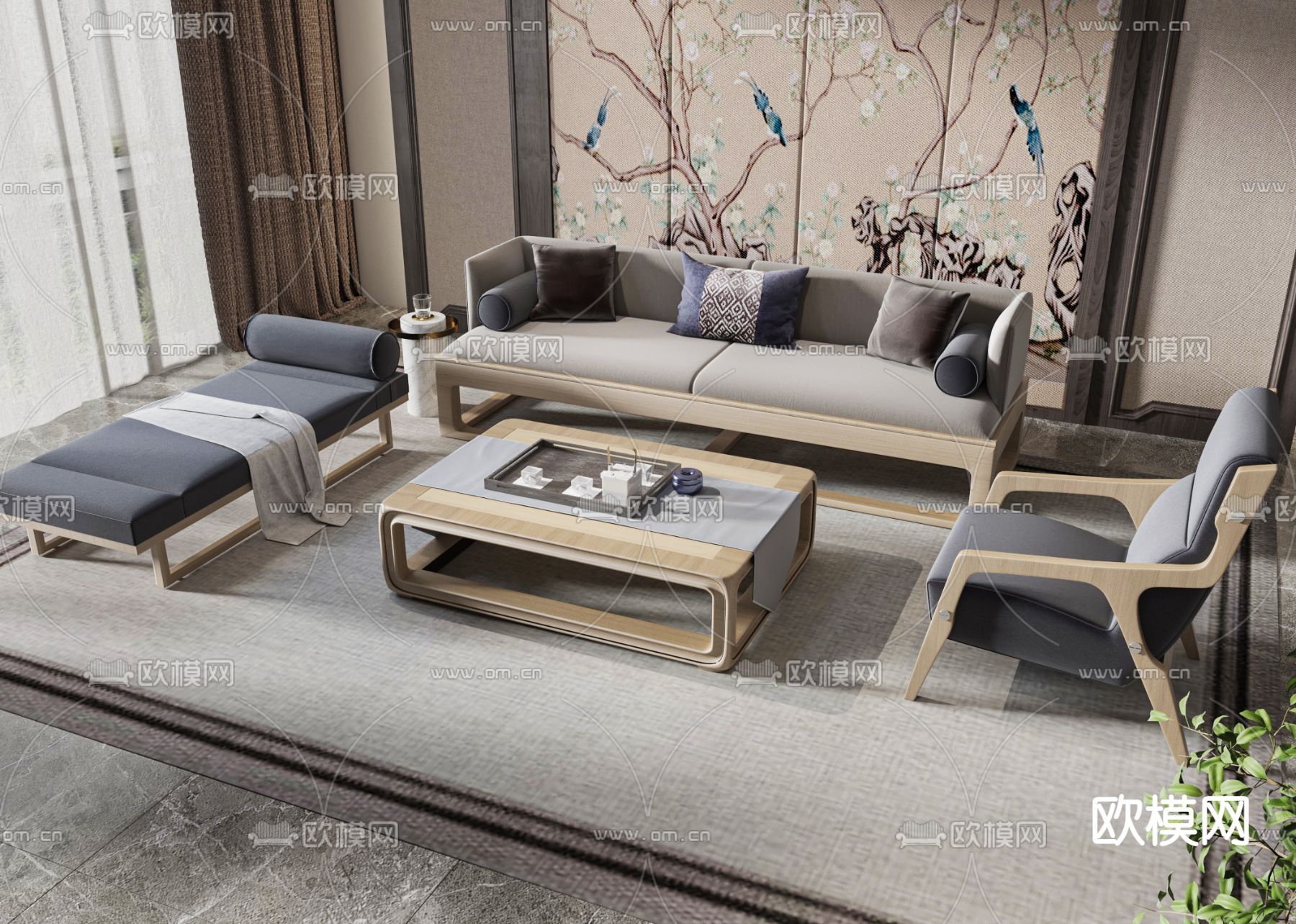 新中式组合沙发3d模型下载_ID12245505_3dmax免费模型-欧模网