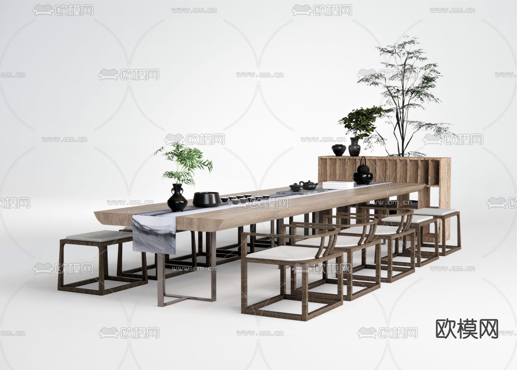 新中式茶桌椅su模型