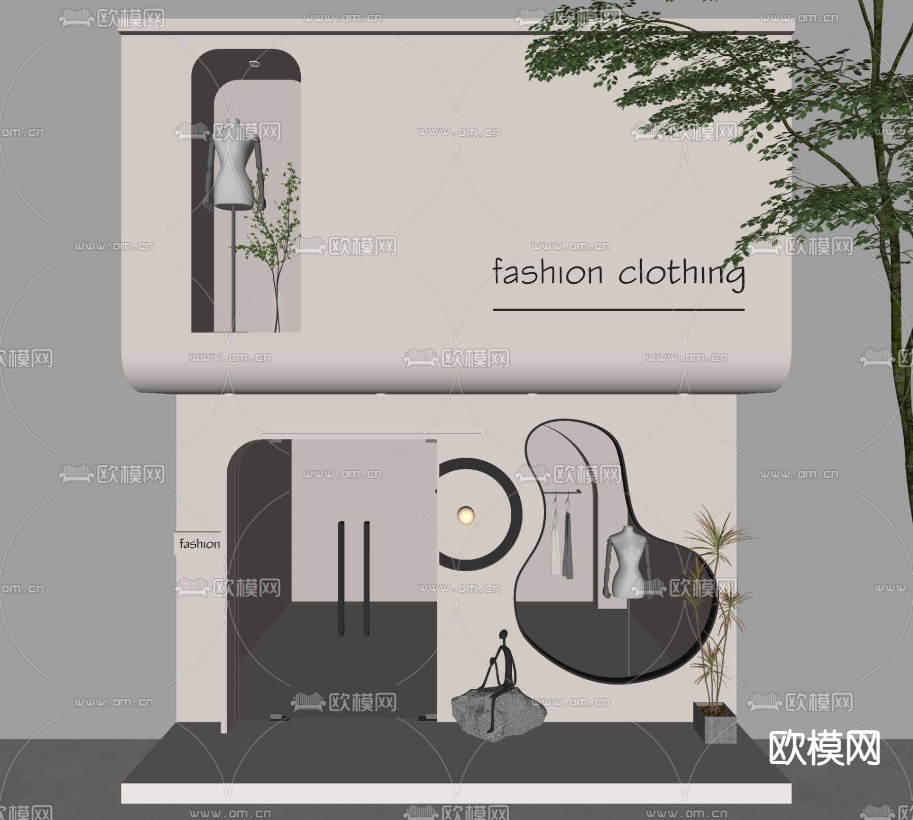 侘寂风 服装店 门头门面su模型下载（渲染图2）