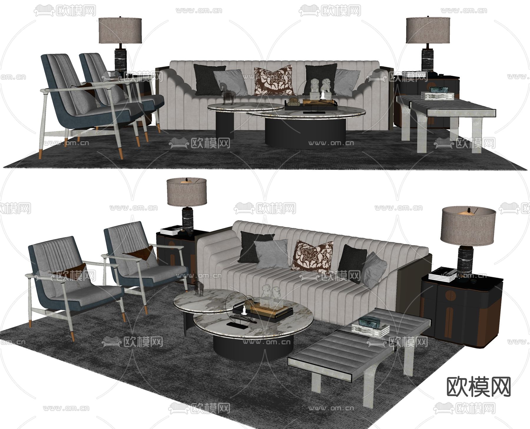 新中式组合沙发su模型下载（渲染图2）