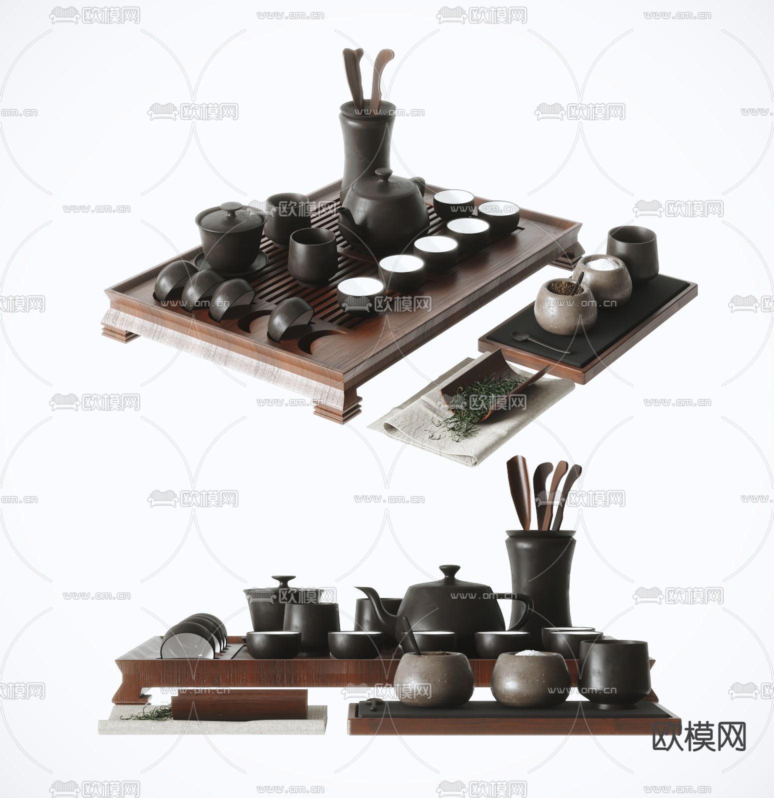 新中式茶具 茶盘托su模型下载（渲染图1）